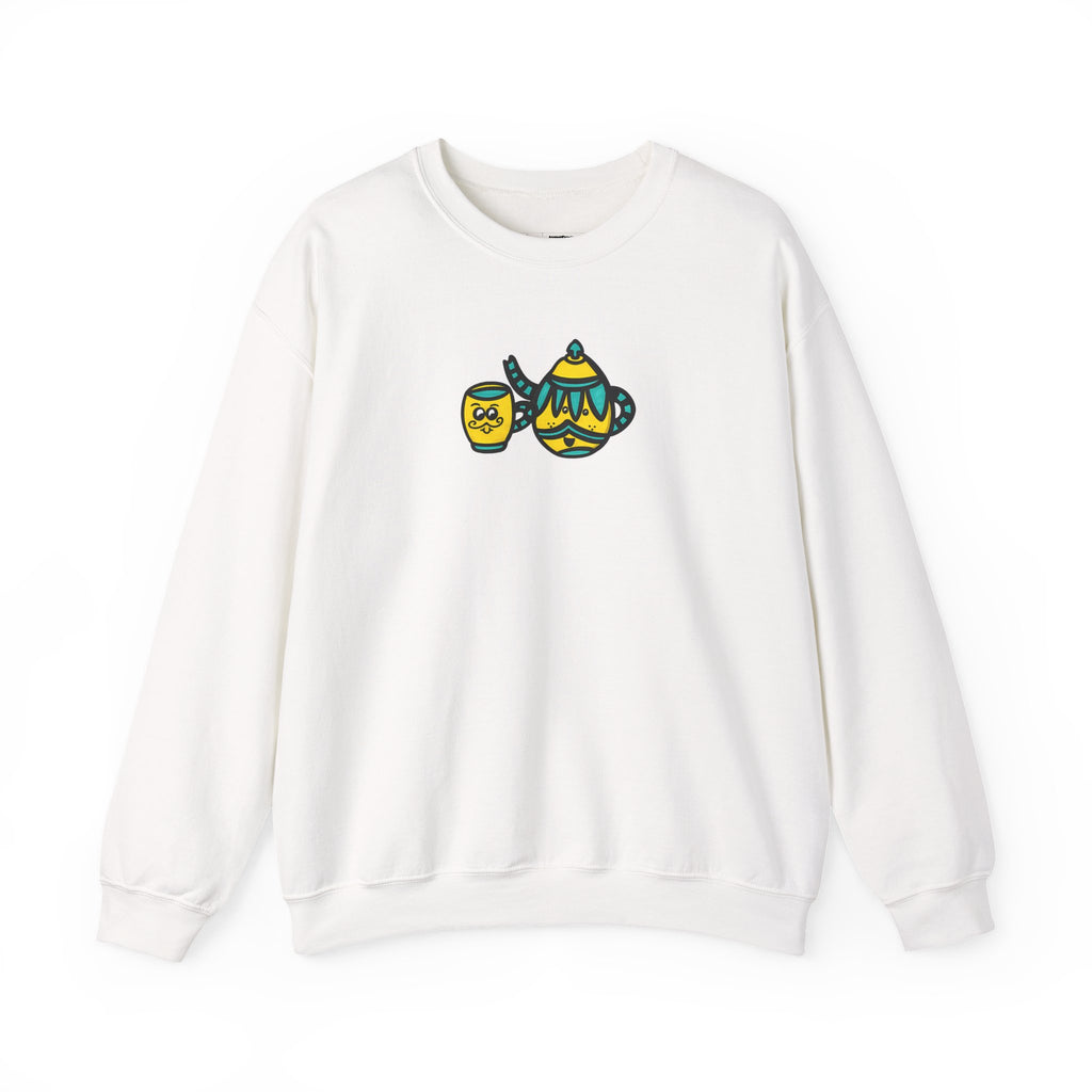Hand-Drawn Bohemian Teatime Crewneck Sweatshirt, Cozy Yellow and Teal Unisex Sweatshirt for Tea Lovers, Cute Mustache Teapot and Cup