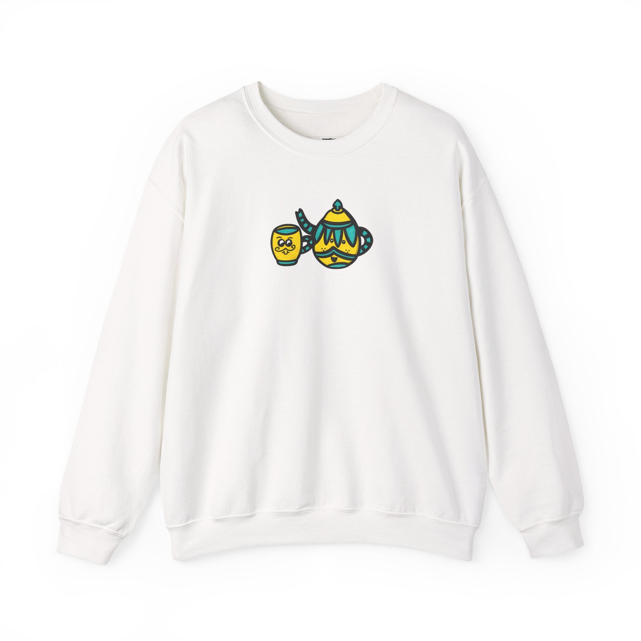 Hand-Drawn Bohemian Teatime Crewneck Sweatshirt, Cozy Yellow and Teal Unisex Sweatshirt for Tea Lovers, Cute Mustache Teapot and Cup