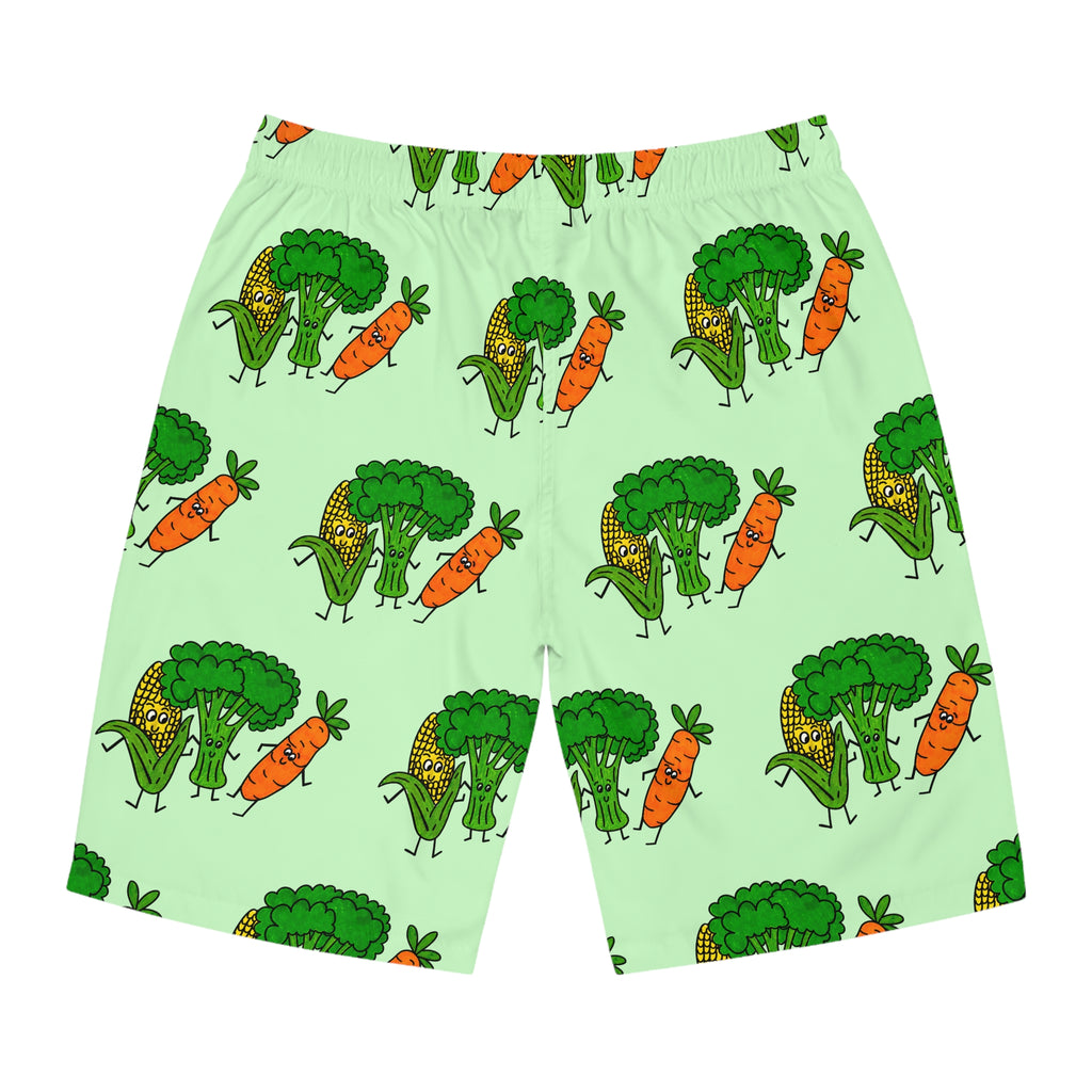 Hand-Drawn Broccoli, Corn, and Carrot Pattern Board Shorts | All-Over Print