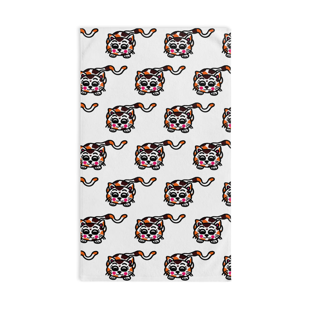 Hand-Drawn Cute Calico Cat Pattern Hand Towel | Cute Cat Face Repeat Design