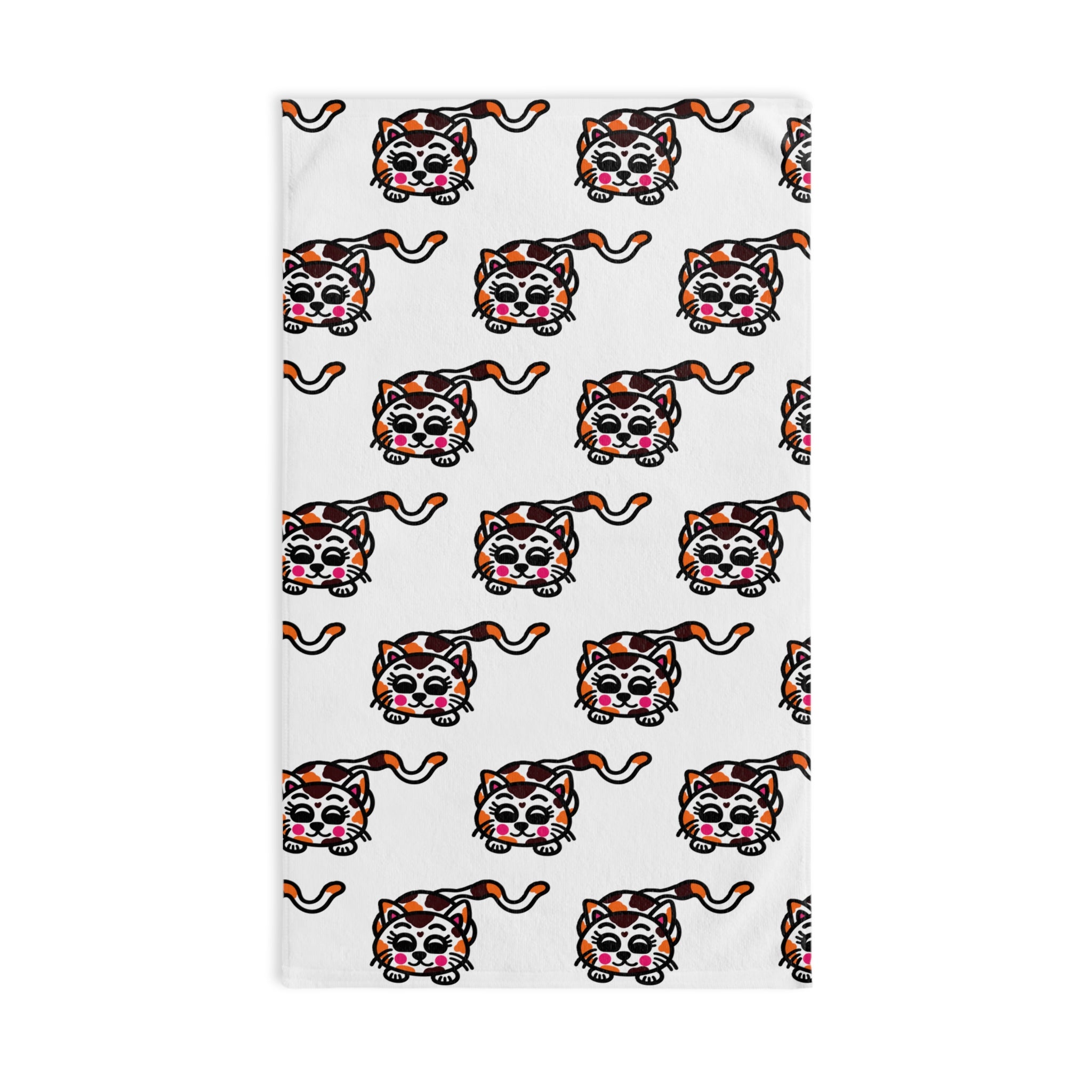 Hand-Drawn Cute Calico Cat Pattern Hand Towel | Cute Cat Face Repeat Design