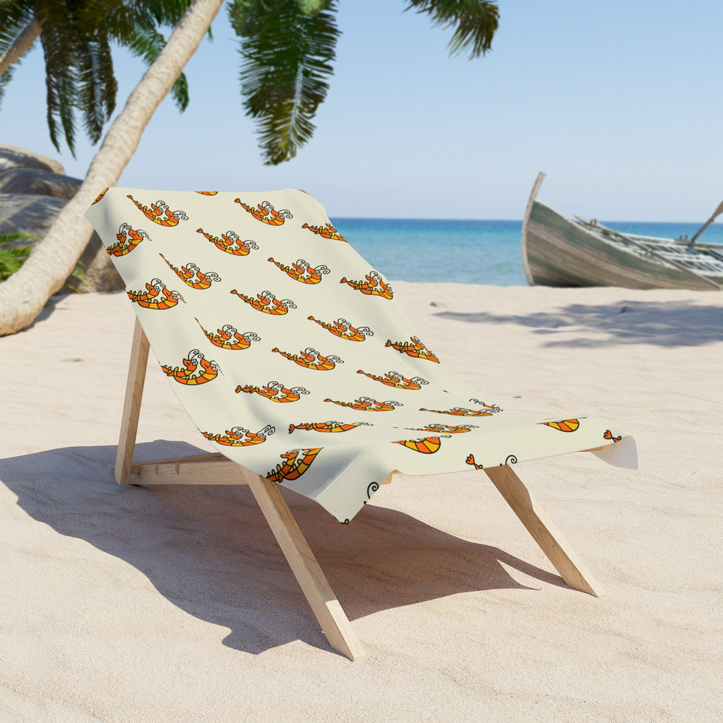Hand-Drawn Smiling Orange Shrimp Beach Towel | Cute Seafood Cartoon Towel