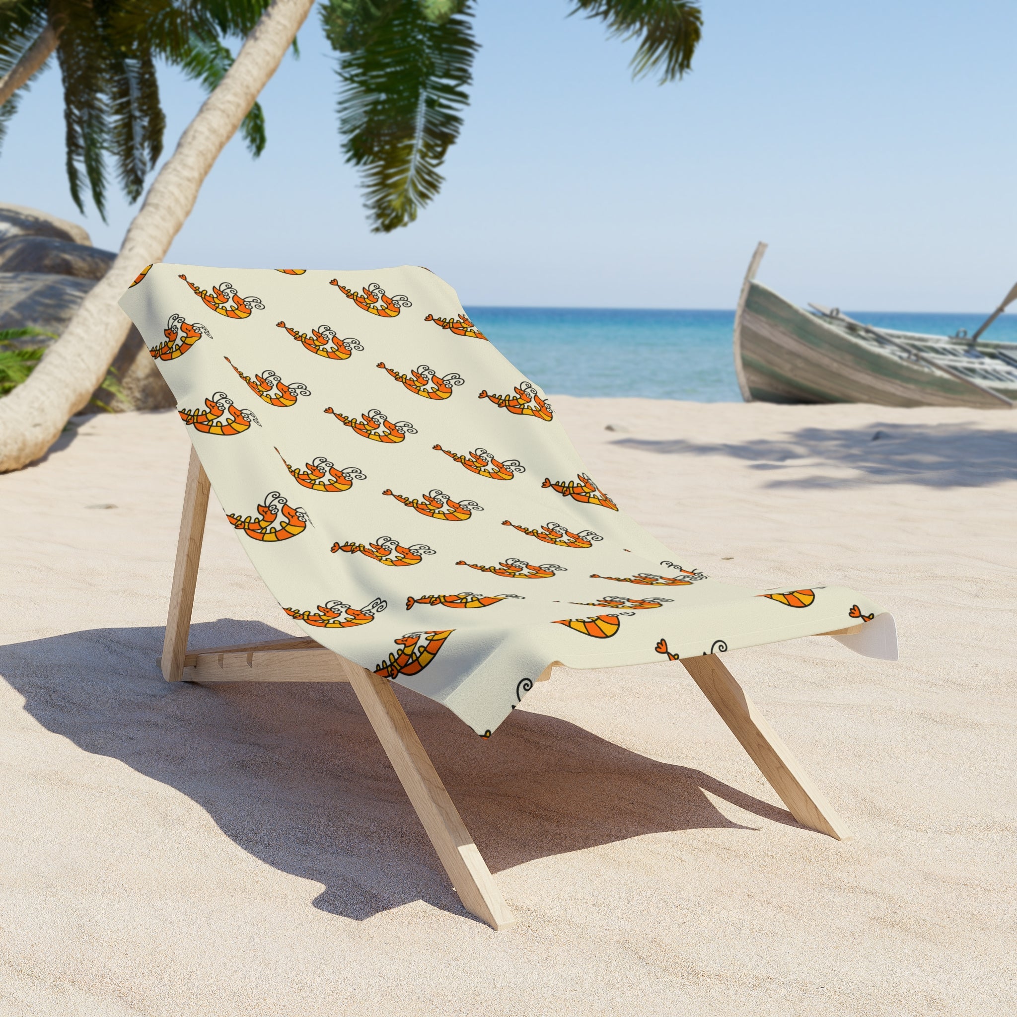 Hand-Drawn Smiling Orange Shrimp Beach Towel | Cute Seafood Cartoon Towel
