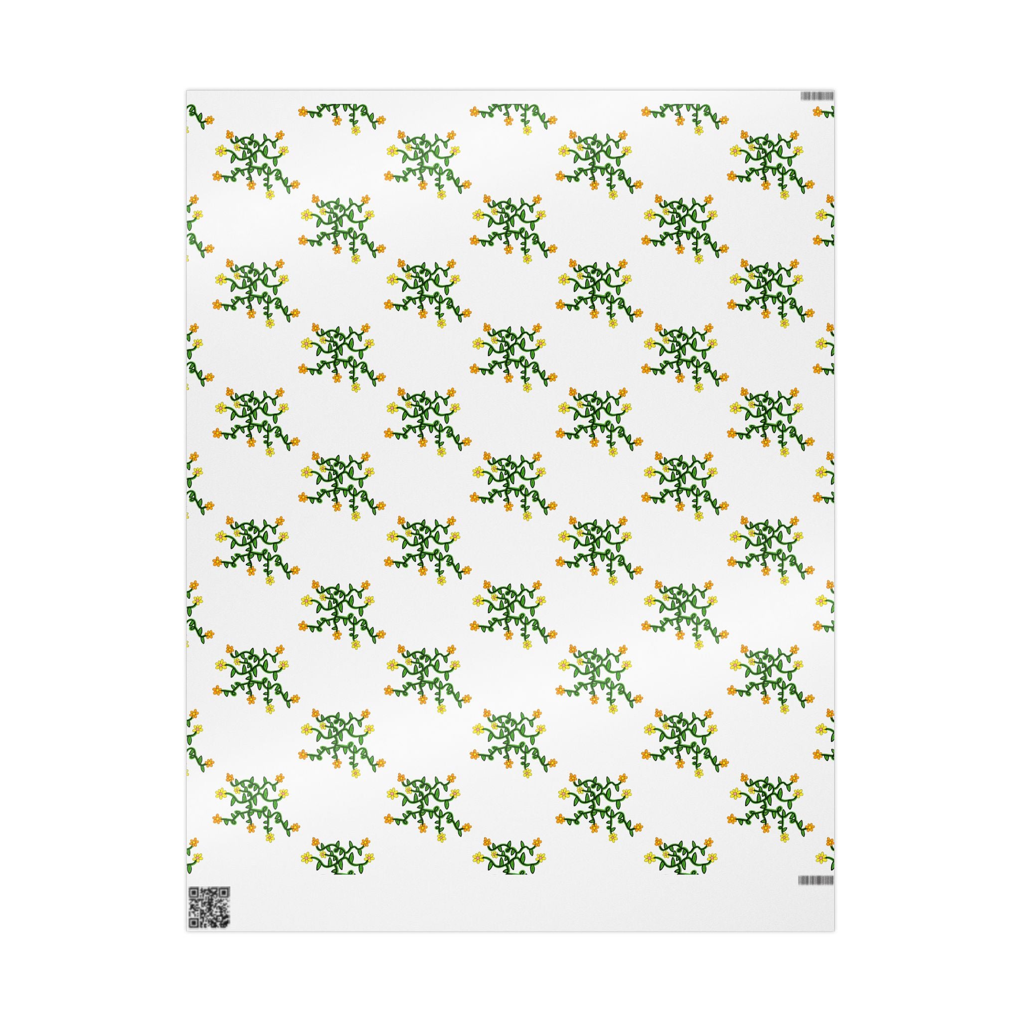 Hand-Drawn Yellow Orange Pink Flowers on Green Vine Wrapping Papers