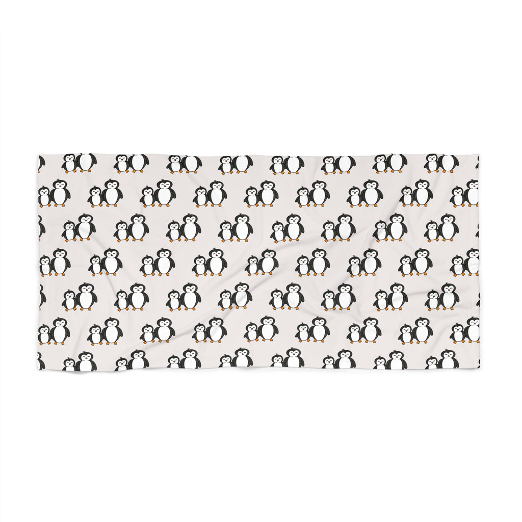 Hand-Drawn Cute Penguin Pattern Beach Towel | Repeating Penguin Design, Coastal Beach Accessory