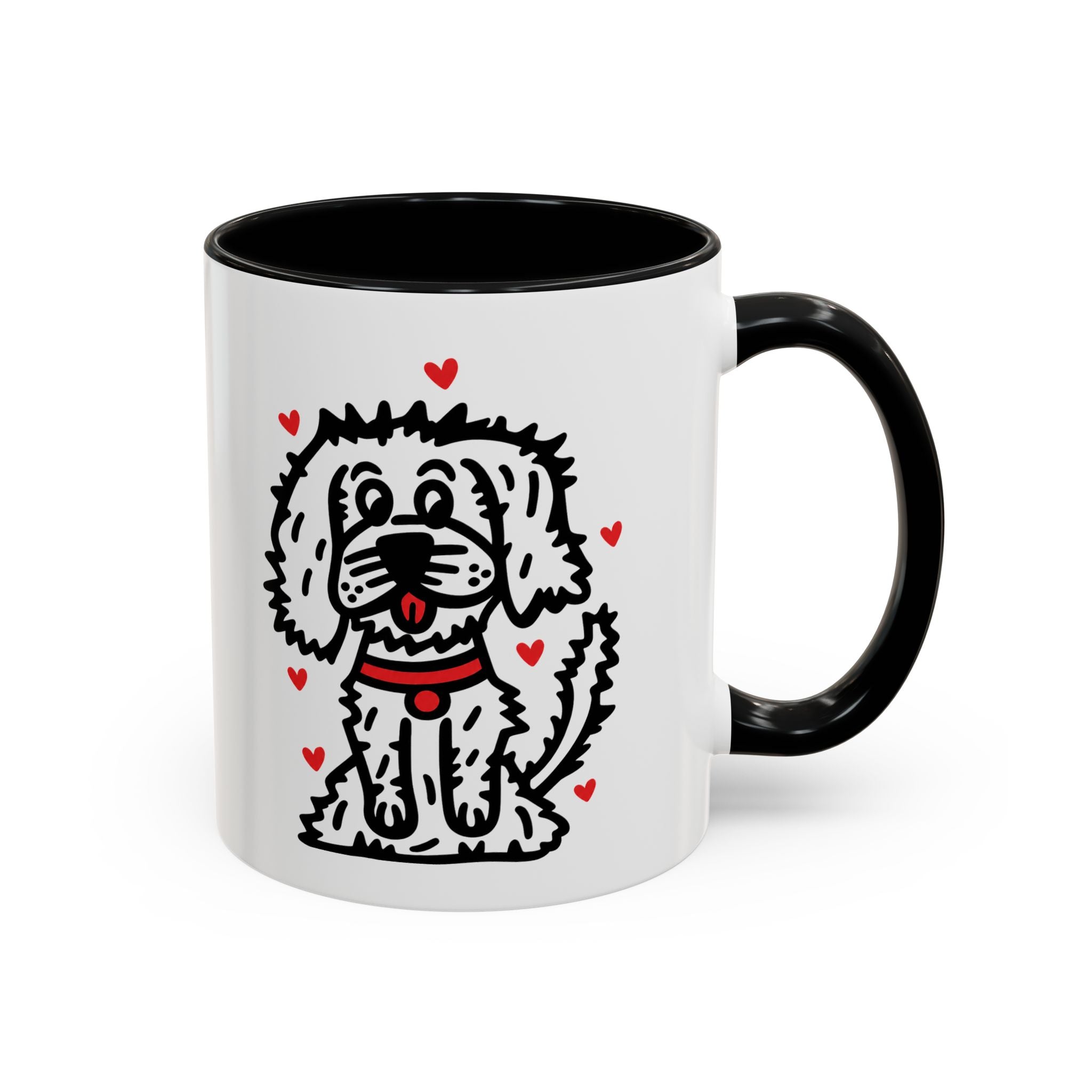 Hand-Drawn Fluffy Dog Red Collar Accent Coffee Mug | White Dog Illustration