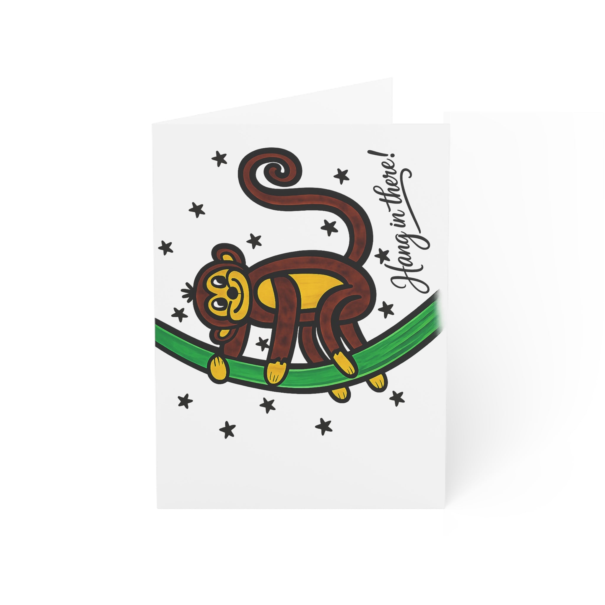 Hand-Drawn Brown Monkey Hanging on Branch Greeting Cards | "Hang in There" Encouragement