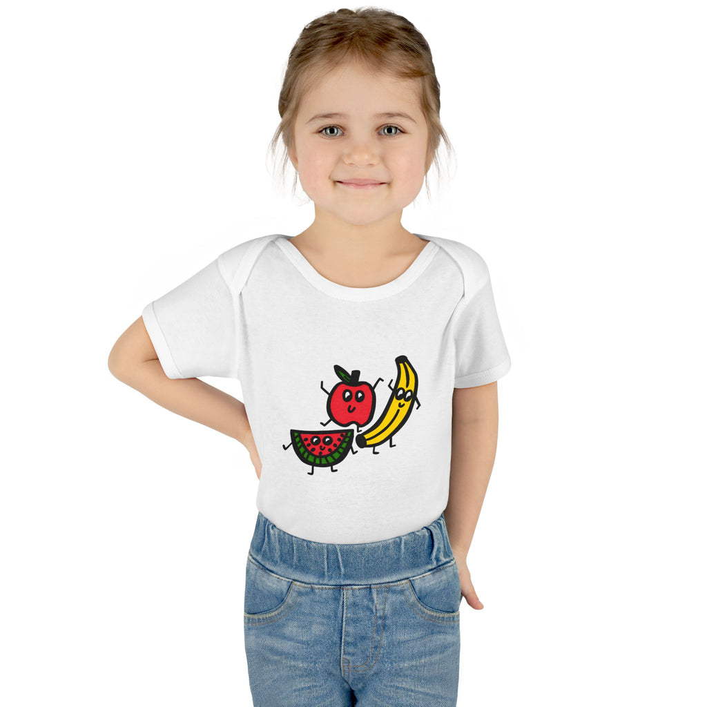 Hand-Drawn Cute Cartoon Fruit Trio Onesie | Apple Banana Watermelon Baby Bodysuit