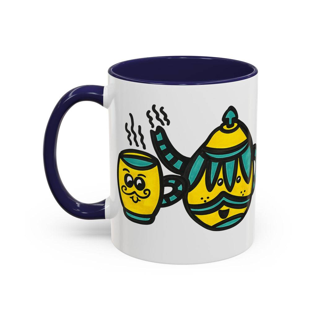 Hand-Drawn Yellow and Teal Mustache Teapot and Smiling Cup Mug | Accent Coffee Mug