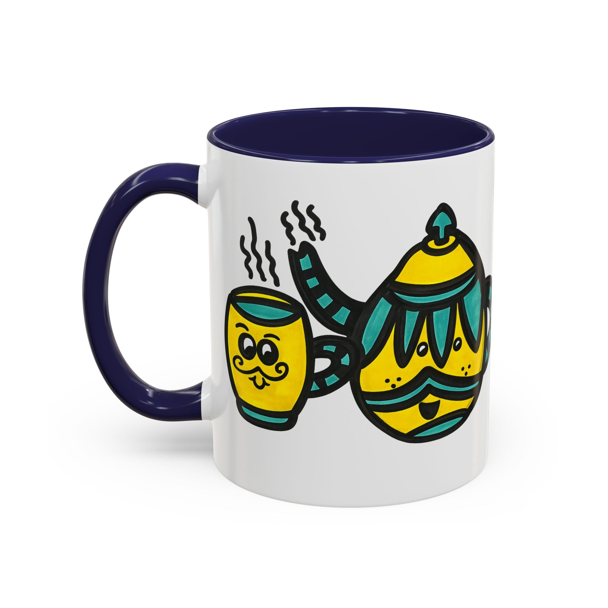 Hand-Drawn Yellow and Teal Mustache Teapot and Smiling Cup Mug | Accent Coffee Mug
