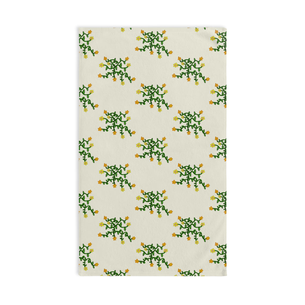 Hand-Drawn Yellow Orange and Pink Flowers on Green Vine Spring Hand Towel | Botanical Pattern, Kitchen Linen