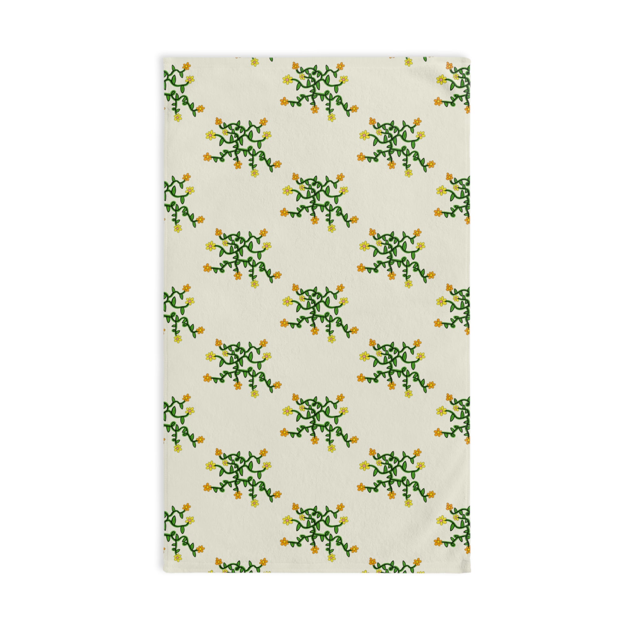 Hand-Drawn Yellow Orange and Pink Flowers on Green Vine Spring Hand Towel | Botanical Pattern, Kitchen Linen