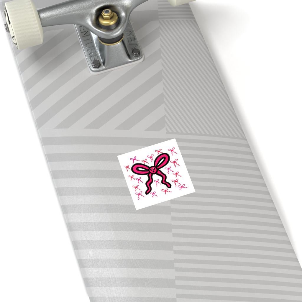 Hand-Drawn Pink Bow Character Square Sticker | Indoor Outdoor Vinyl Sticker