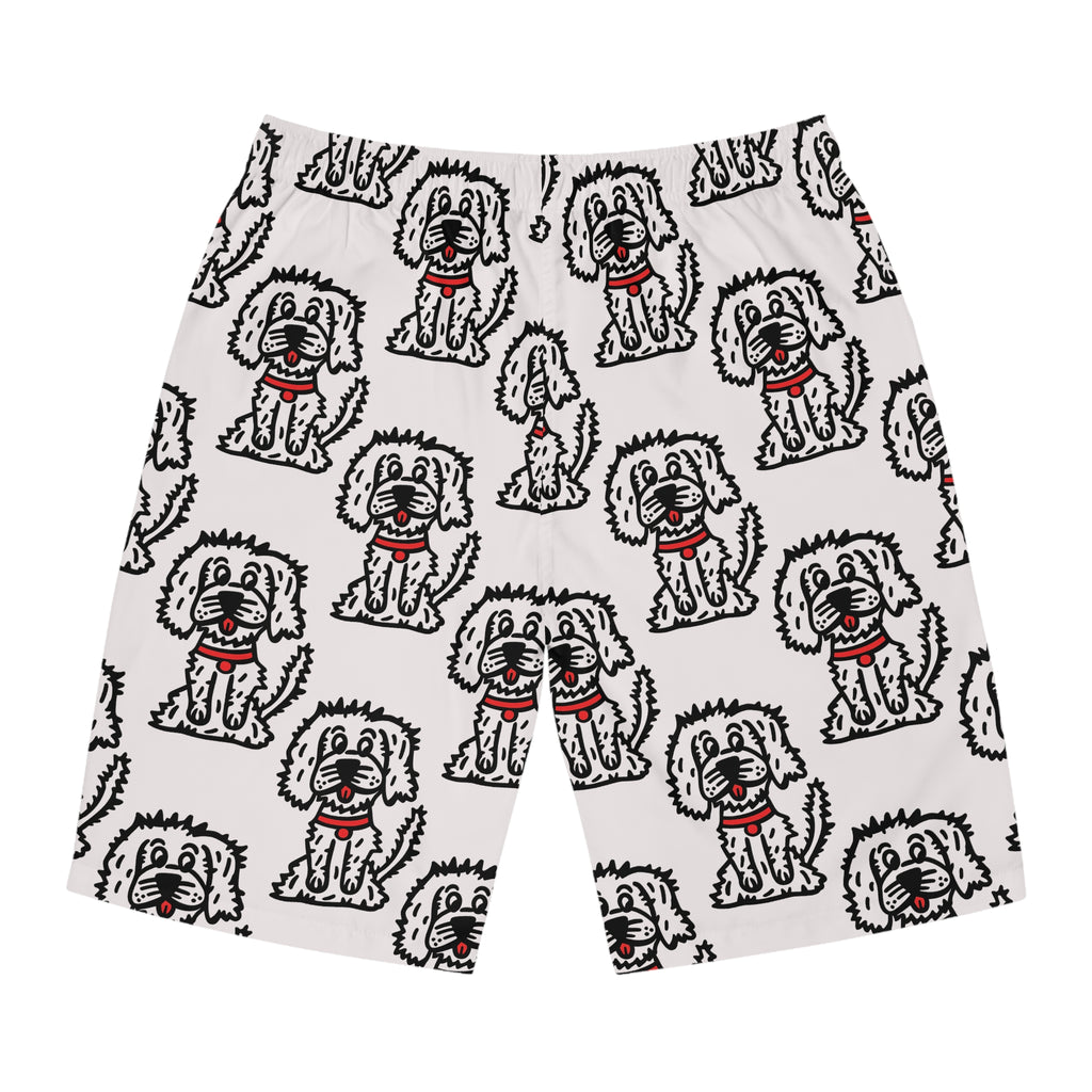 Hand-Drawn Cute Fluffy Cartoon Dog with Red Collar Pattern Men's Board Shorts | All-Over Print