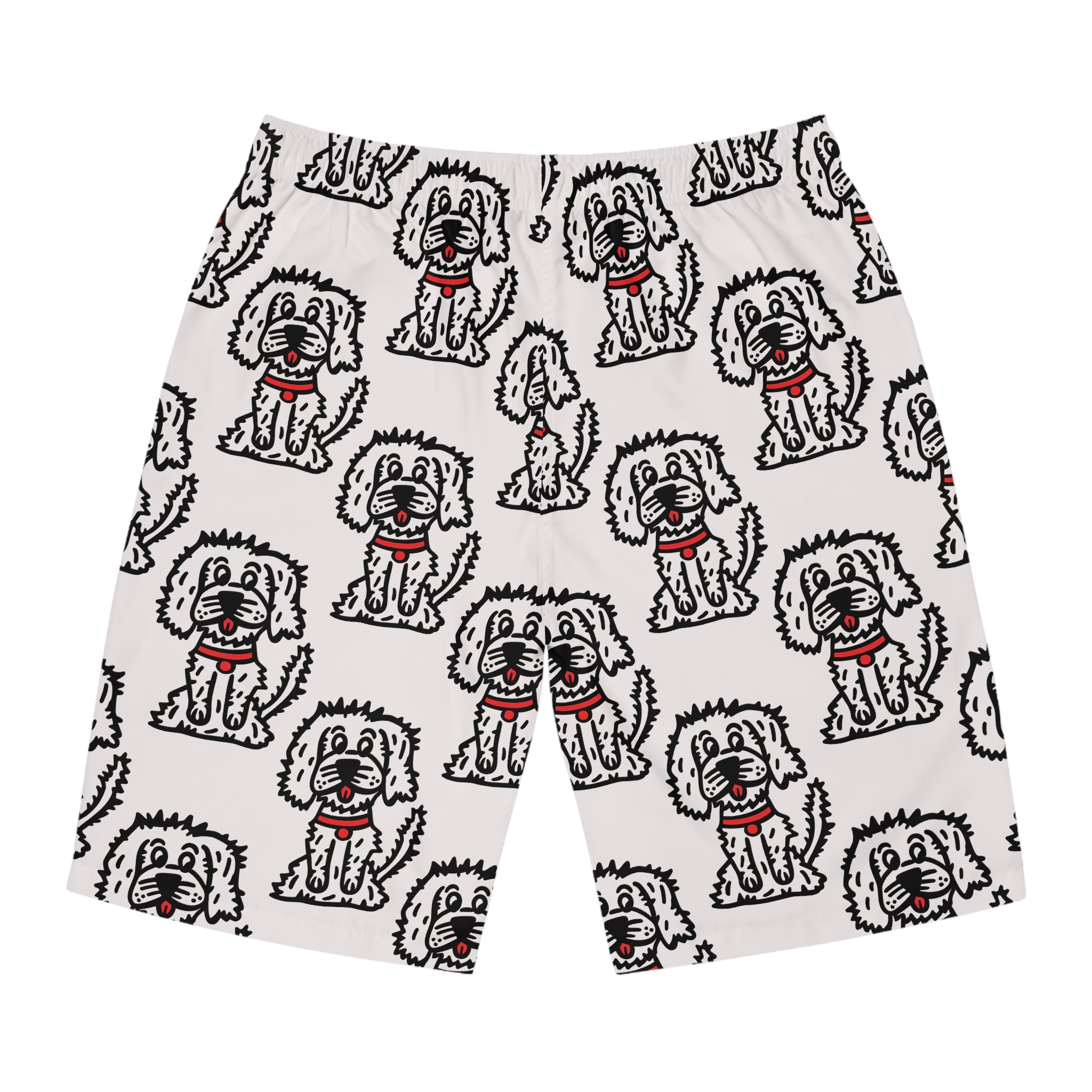 Hand-Drawn Cute Fluffy Cartoon Dog with Red Collar Pattern Men's Board Shorts | All-Over Print