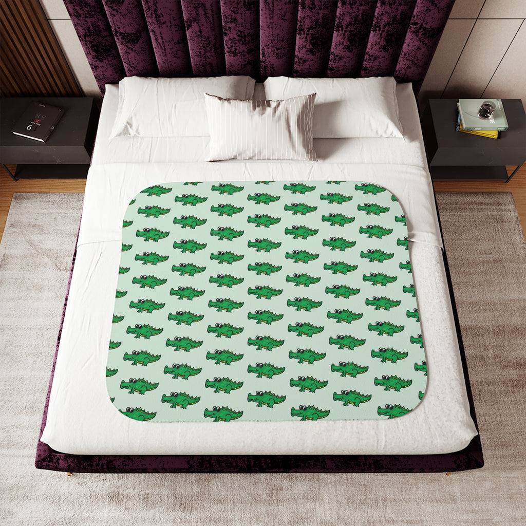 Hand-Drawn Green Alligator Repeat Sherpa Blanket | Cute Reptile Pattern Throw