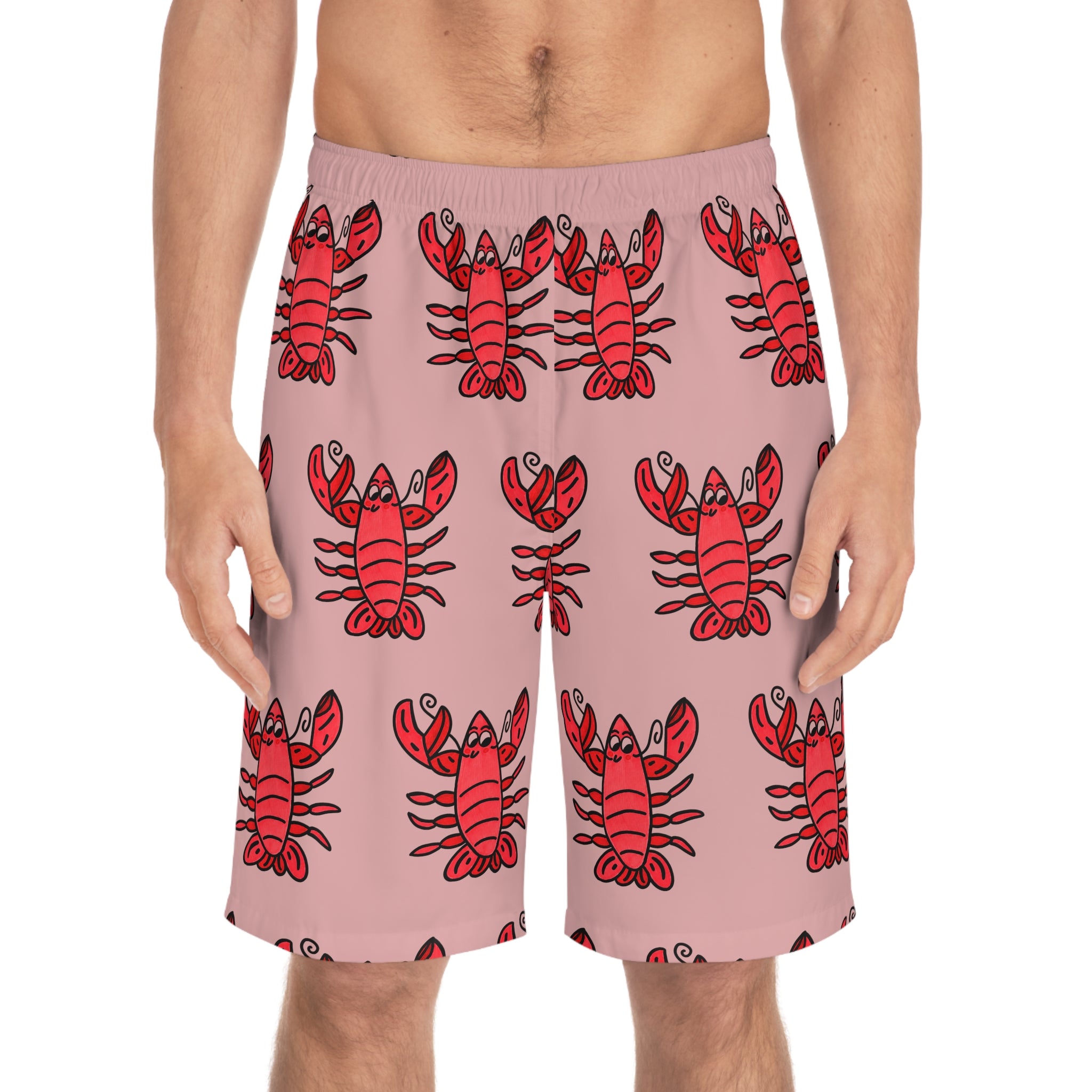 Hand-Drawn Red Lobster Pattern Men's Board Shorts | Pink All-Over Print Swim Trunks