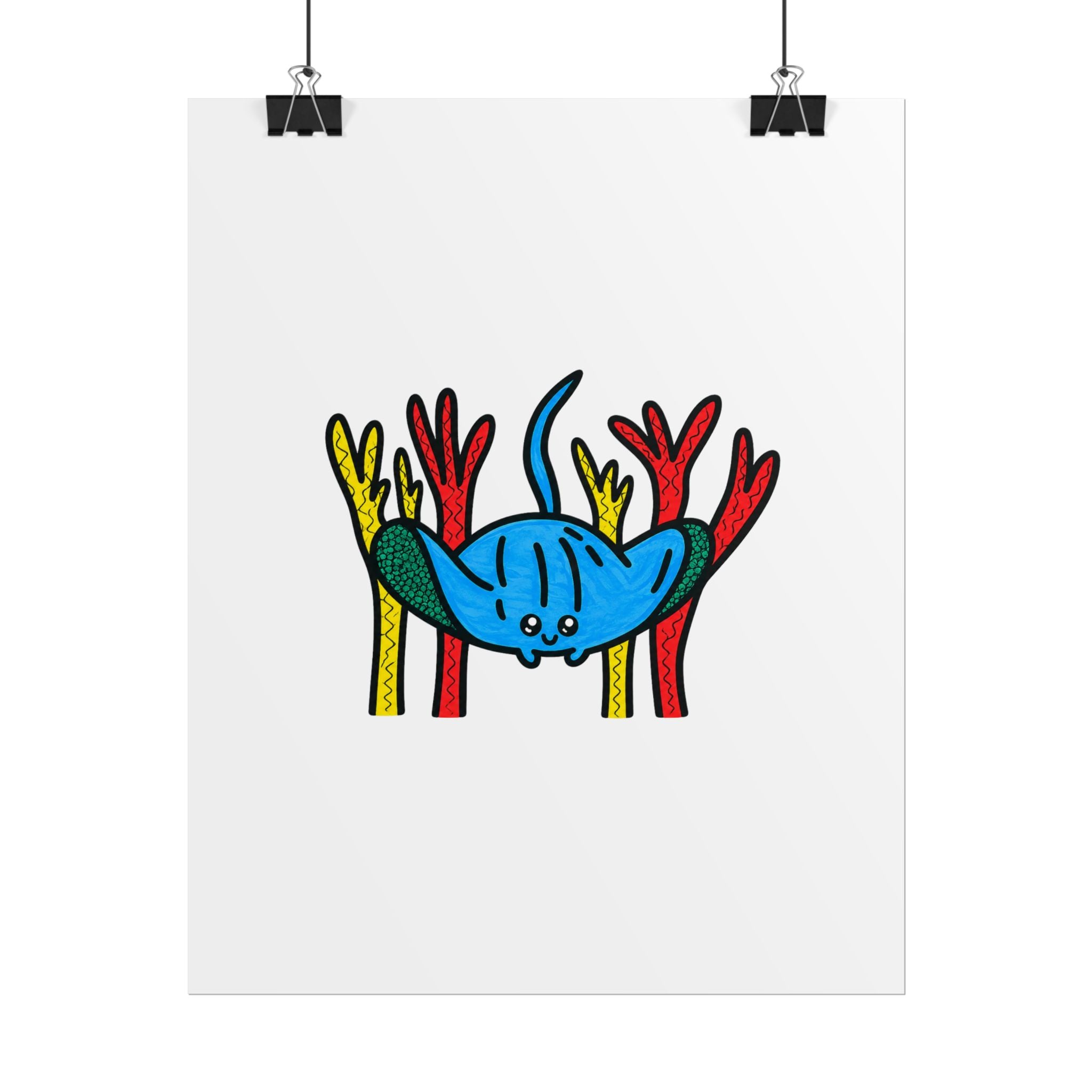 Hand-Drawn Blue Stingray Illustration Rolled Poster | Cute Ocean Animal Art