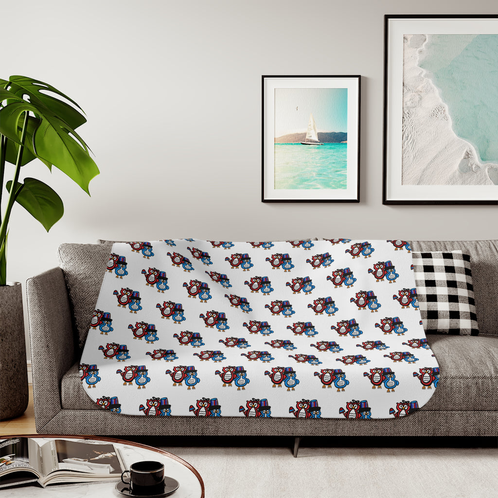 Hand-Drawn Blue and Red Patriotic Owl Pattern Sherpa Blanket | Repeating Whimsical Design