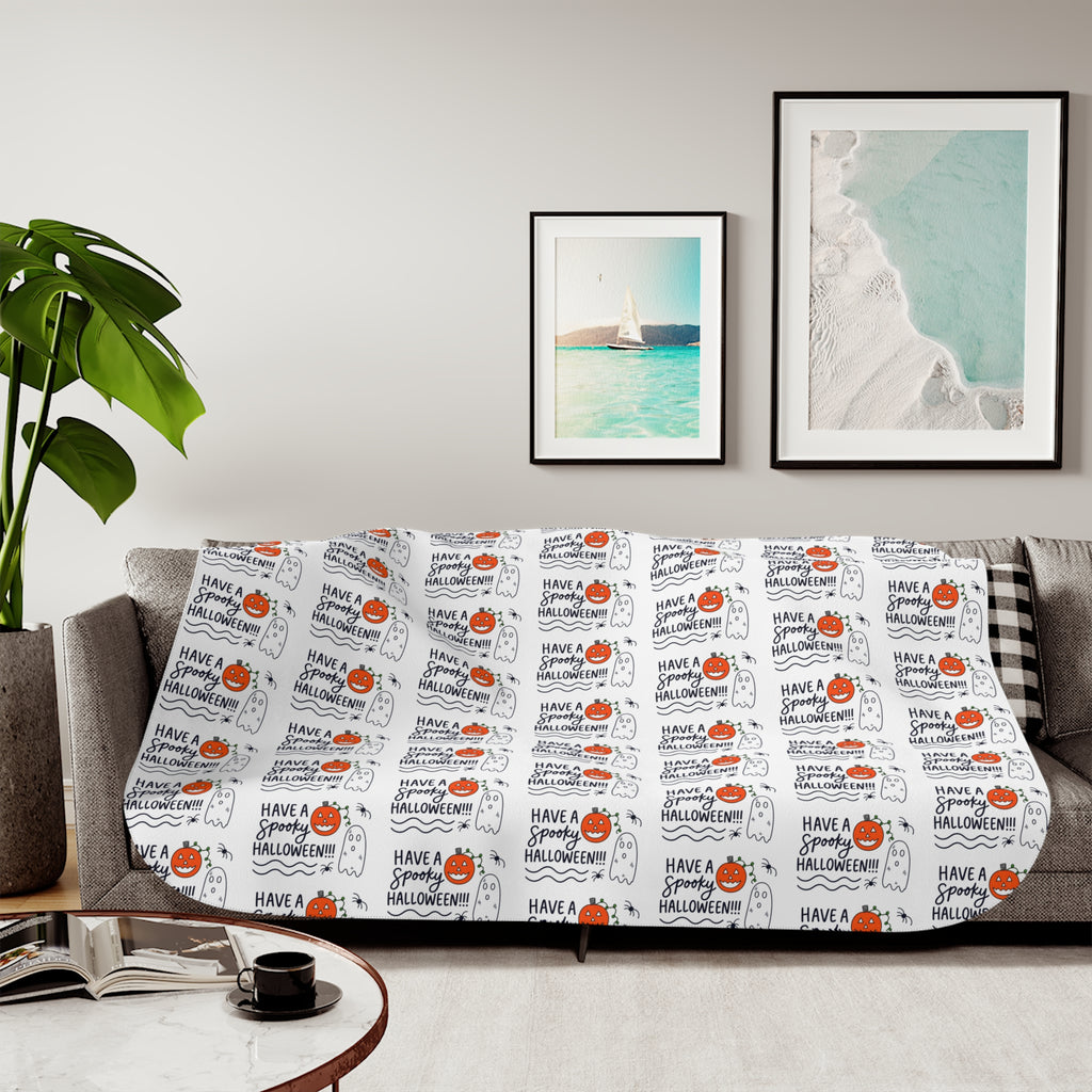 Hand-Drawn Have a Happy Halloween Sherpa Blanket | Hand-Drawn Ghosts, Spiders & Pumpkin