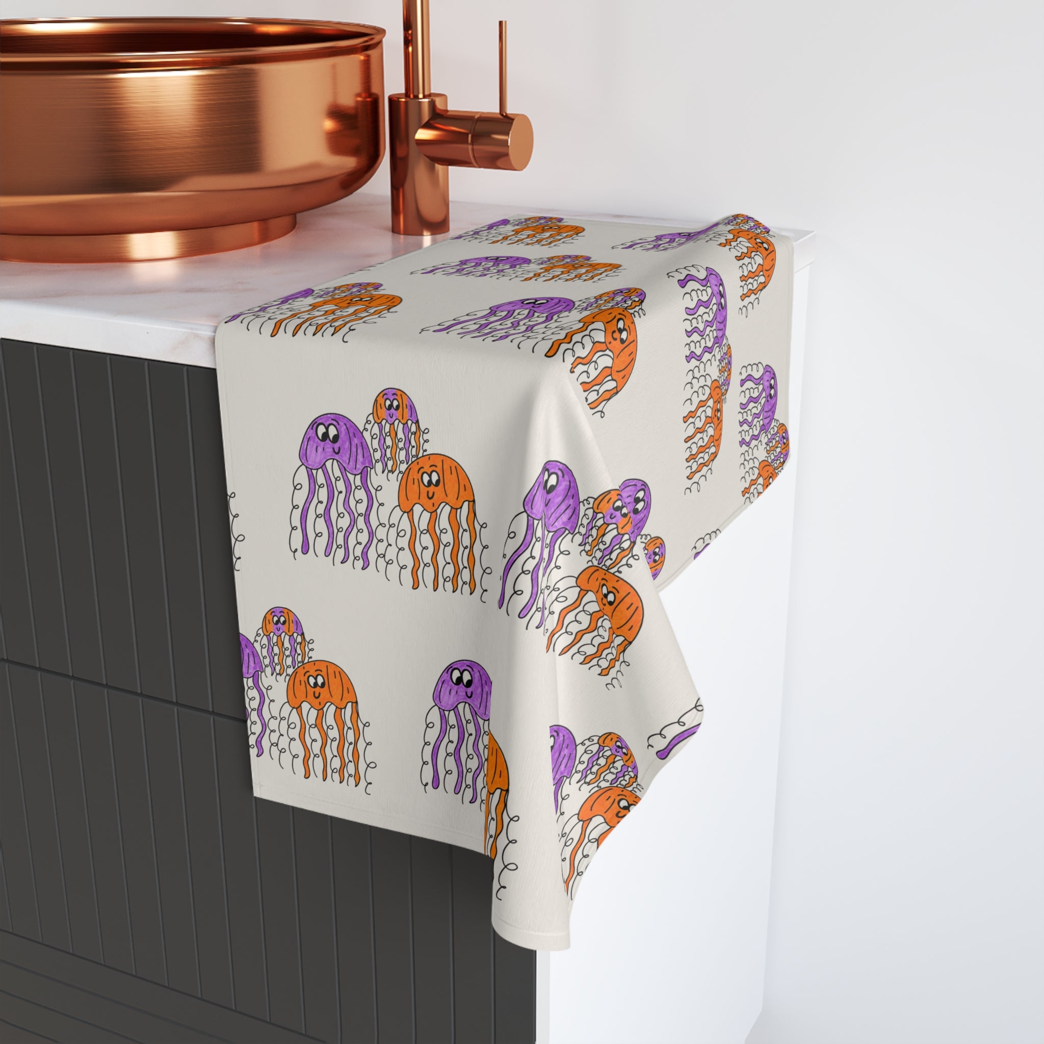 Hand-Drawn Orange Purple Jellyfish Swirls Hand Towel | Nautical Ocean Decor