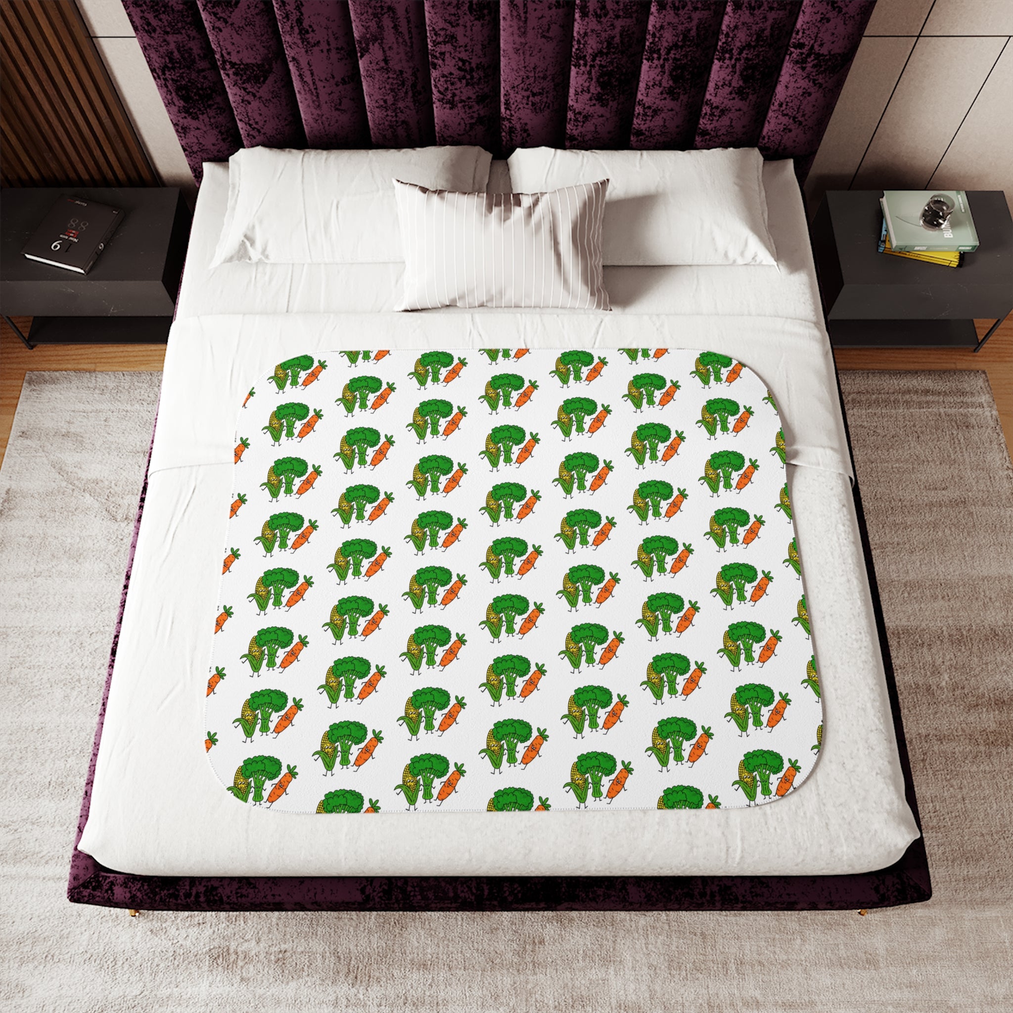Hand-Drawn Corn, Broccoli, and Carrot Veggie Pattern Sherpa Blanket | Vegetable Motif Repeat Print