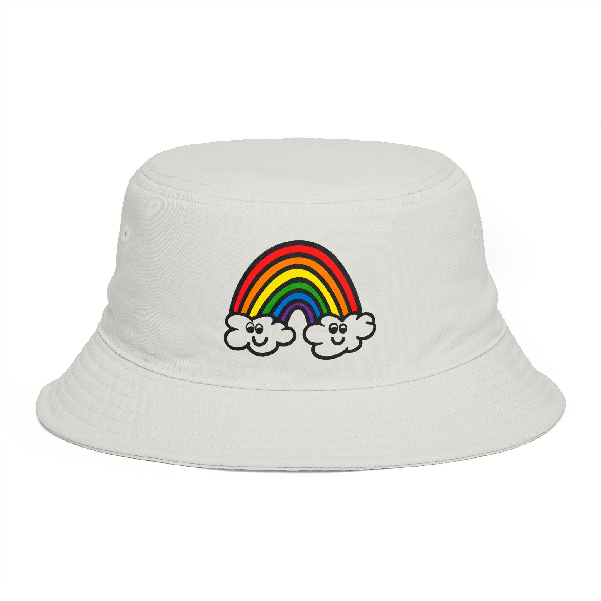 Hand-Drawn Smiling Rainbow with Clouds Bucket Hat | Cute Rainbow Design