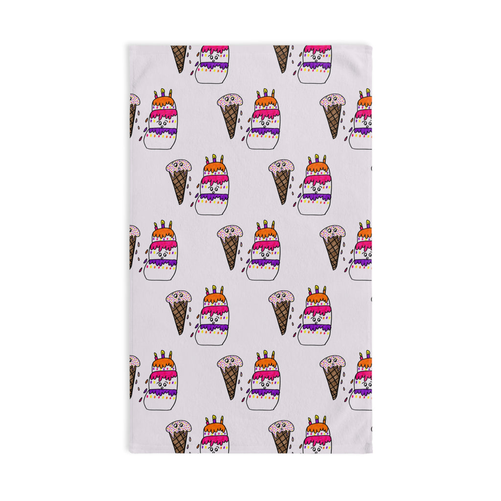 Hand-Drawn Ice Cream Cone and Cake Pattern Hand Towel | Colorful Sprinkles Birthday Dessert Design