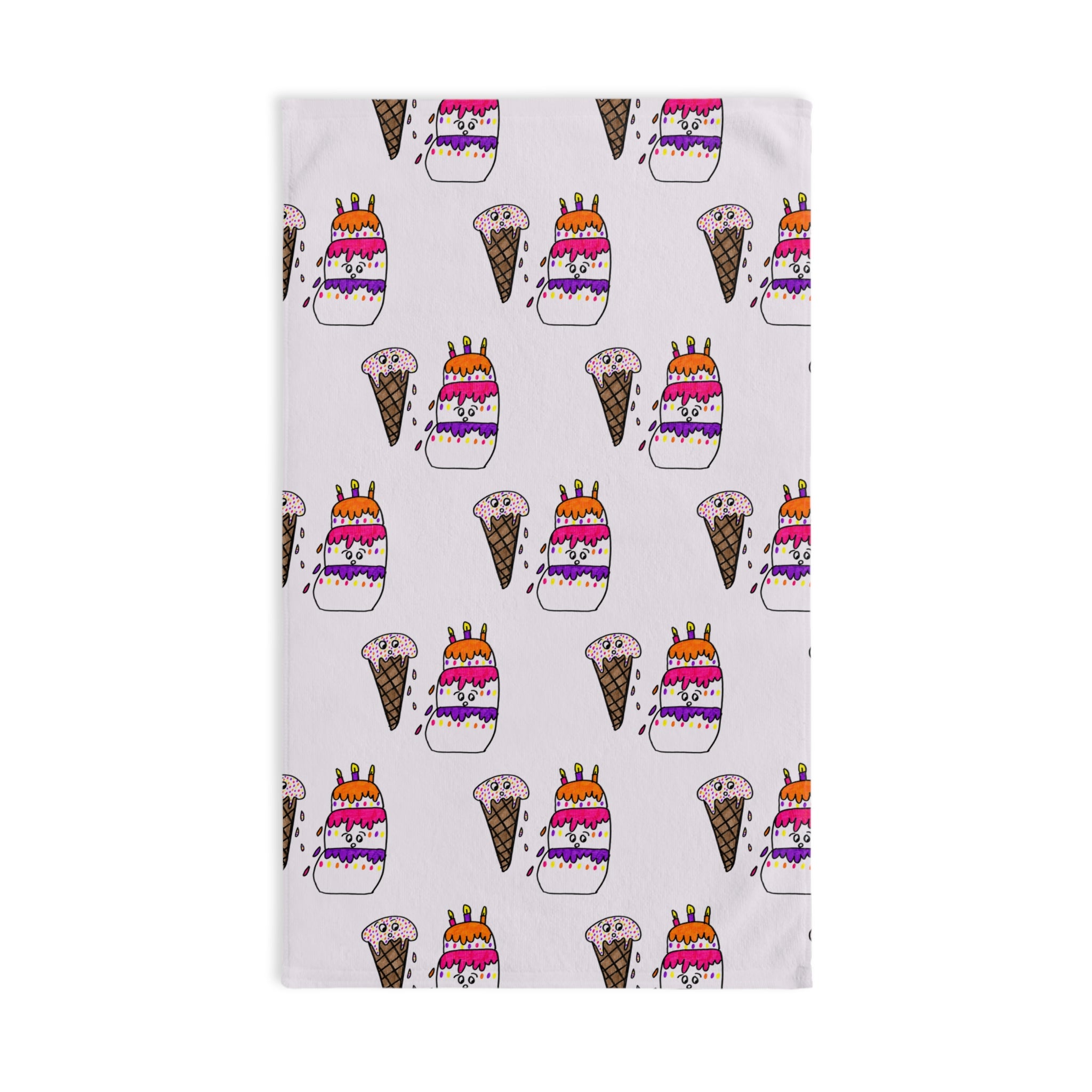 Hand-Drawn Ice Cream Cone and Cake Pattern Hand Towel | Colorful Sprinkles Birthday Dessert Design