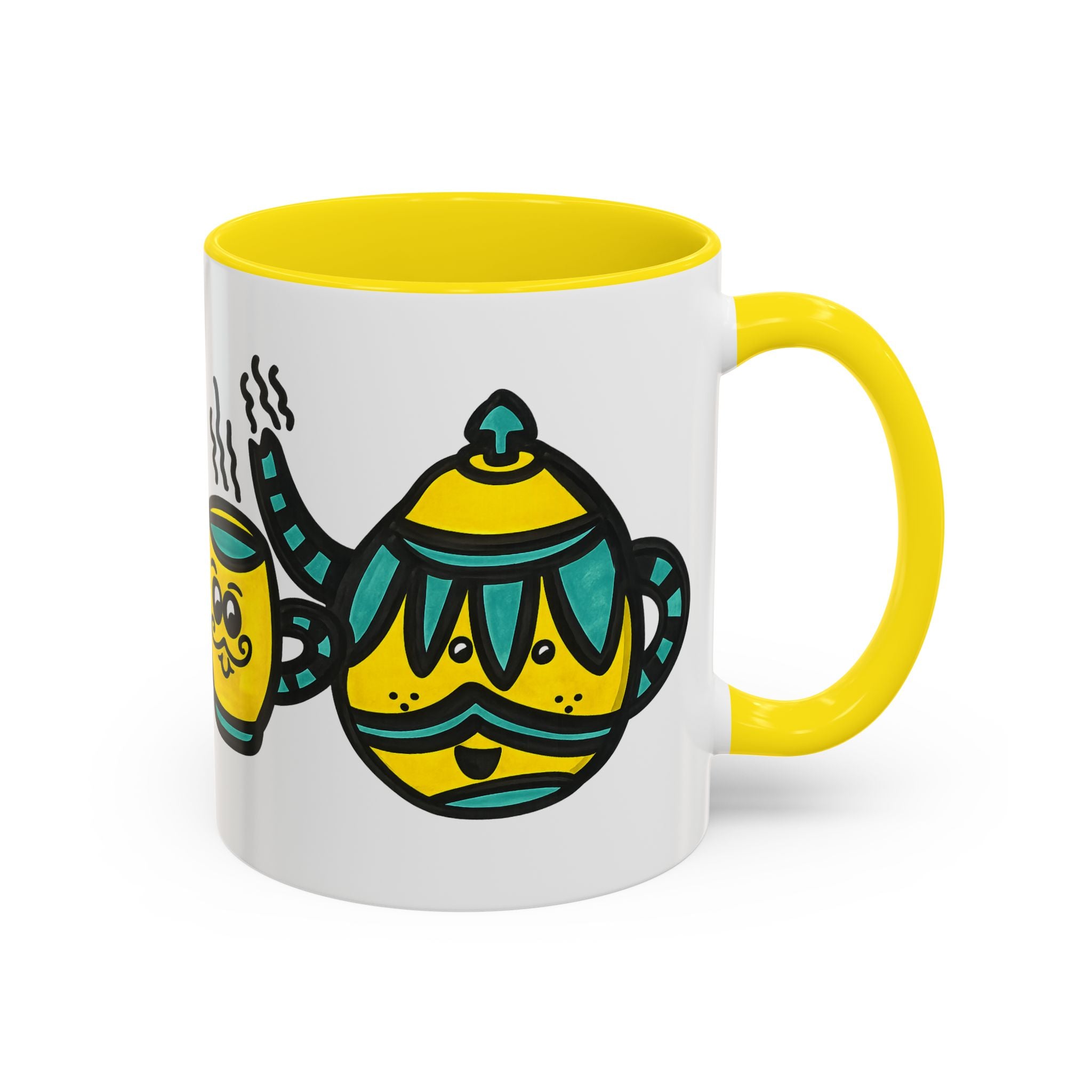 Hand-Drawn Yellow and Teal Mustache Teapot and Smiling Cup Mug | Accent Coffee Mug