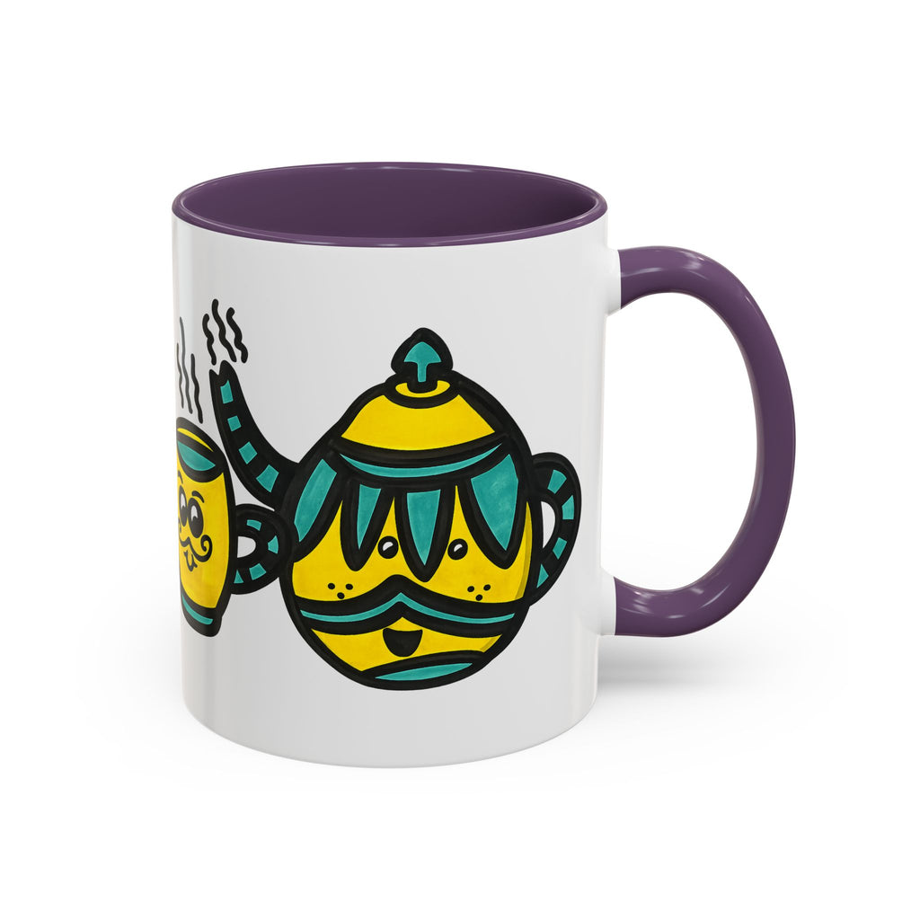 Hand-Drawn Yellow and Teal Mustache Teapot and Smiling Cup Mug | Accent Coffee Mug