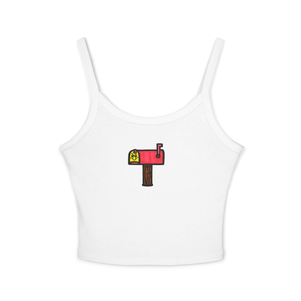 Hand-Drawn Women's Spaghetti Strap Tank Top | Cute Mailbox Design | Charming Postal Motif in Pink and Yellow Coloring