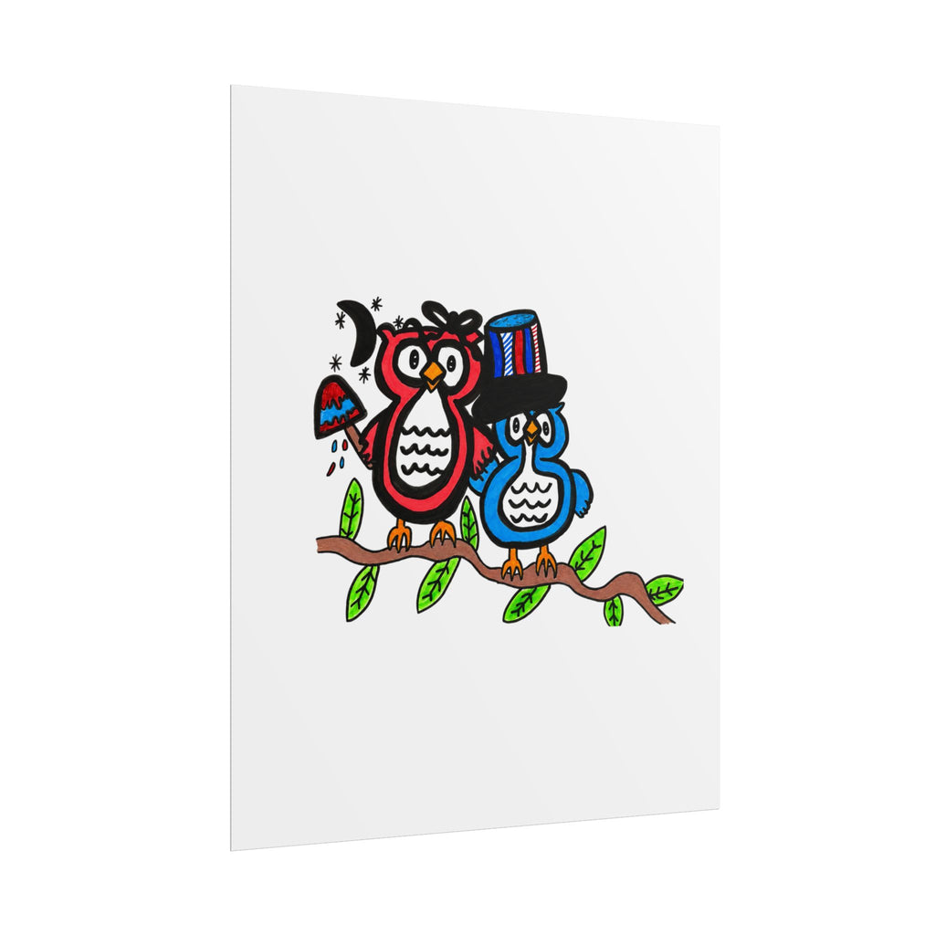 Hand-Drawn Patriotic Owl Couple Rolled Posters | Red White and Blue Owl Art