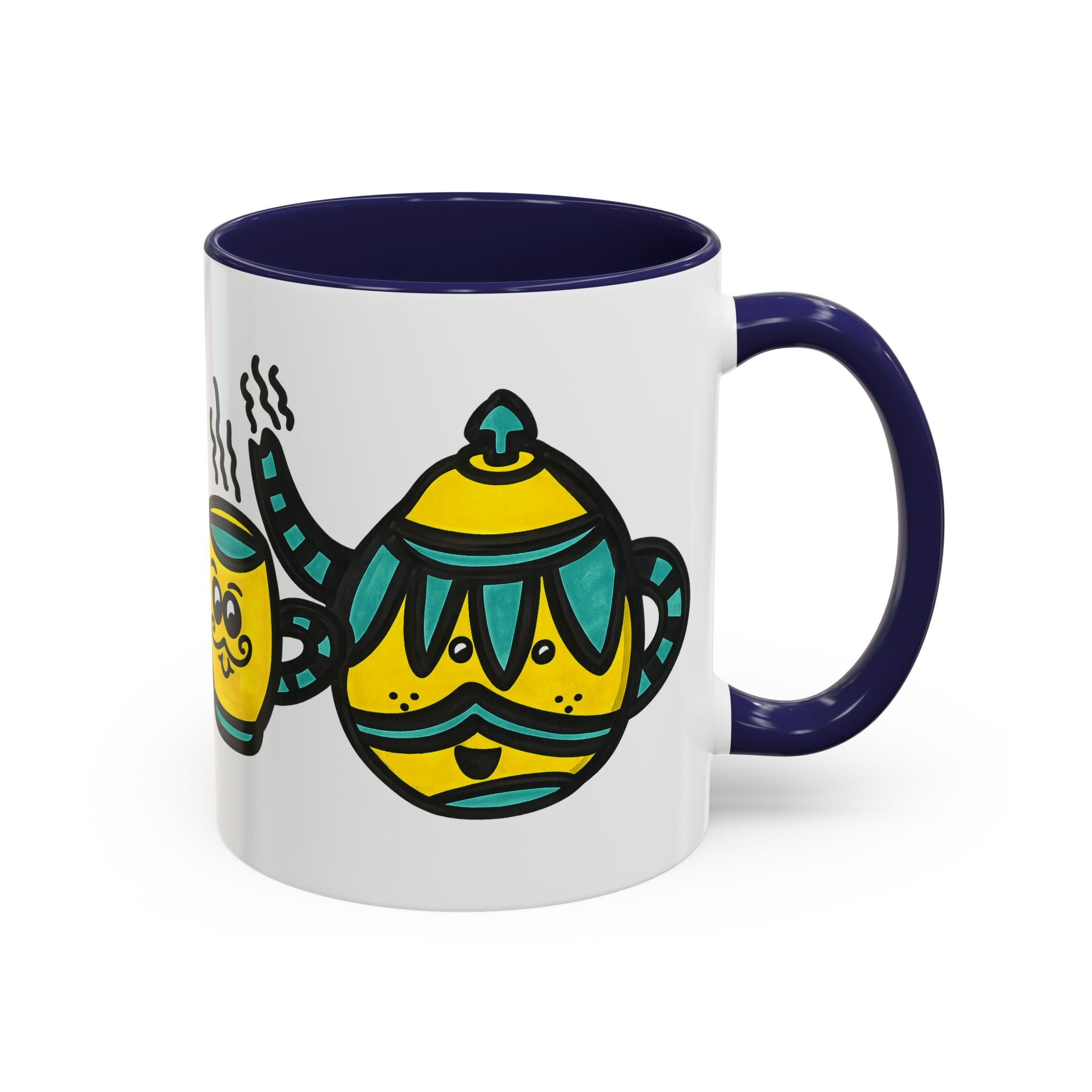 Hand-Drawn Yellow and Teal Mustache Teapot and Smiling Cup Mug | Accent Coffee Mug