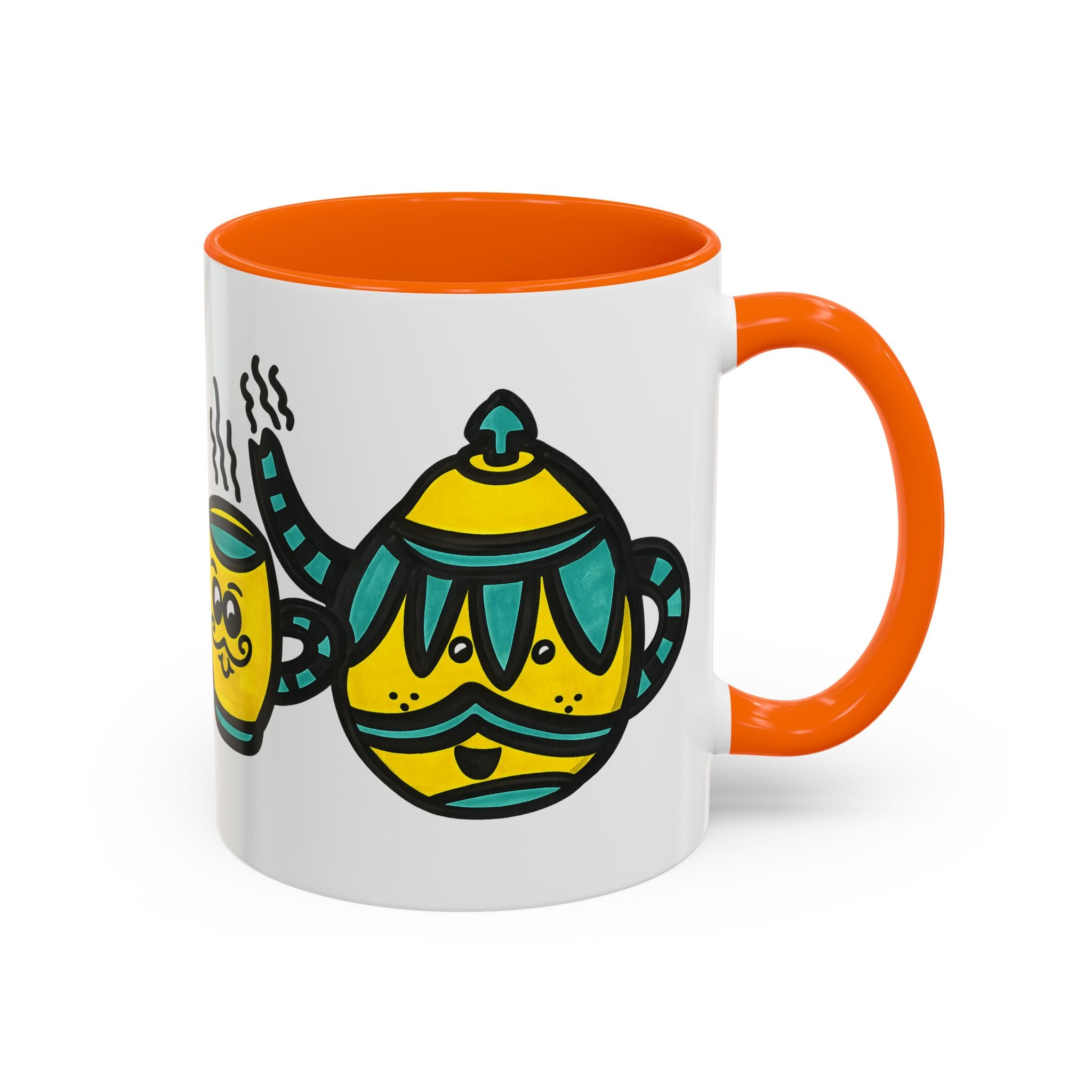 Hand-Drawn Yellow and Teal Mustache Teapot and Smiling Cup Mug | Accent Coffee Mug