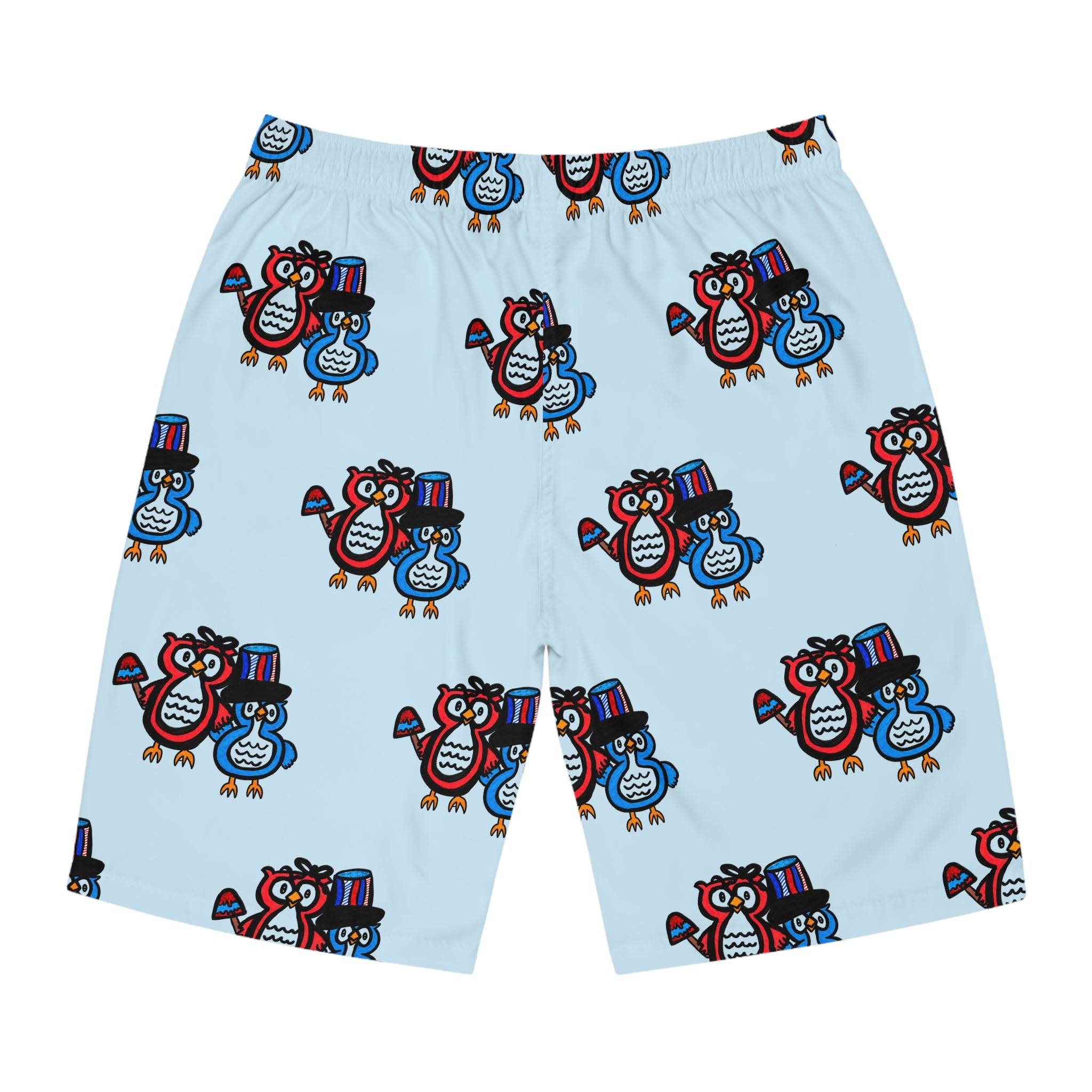 Hand-Drawn Cartoon Patriotic Owl Pattern Men's Board Shorts | All-Over Print