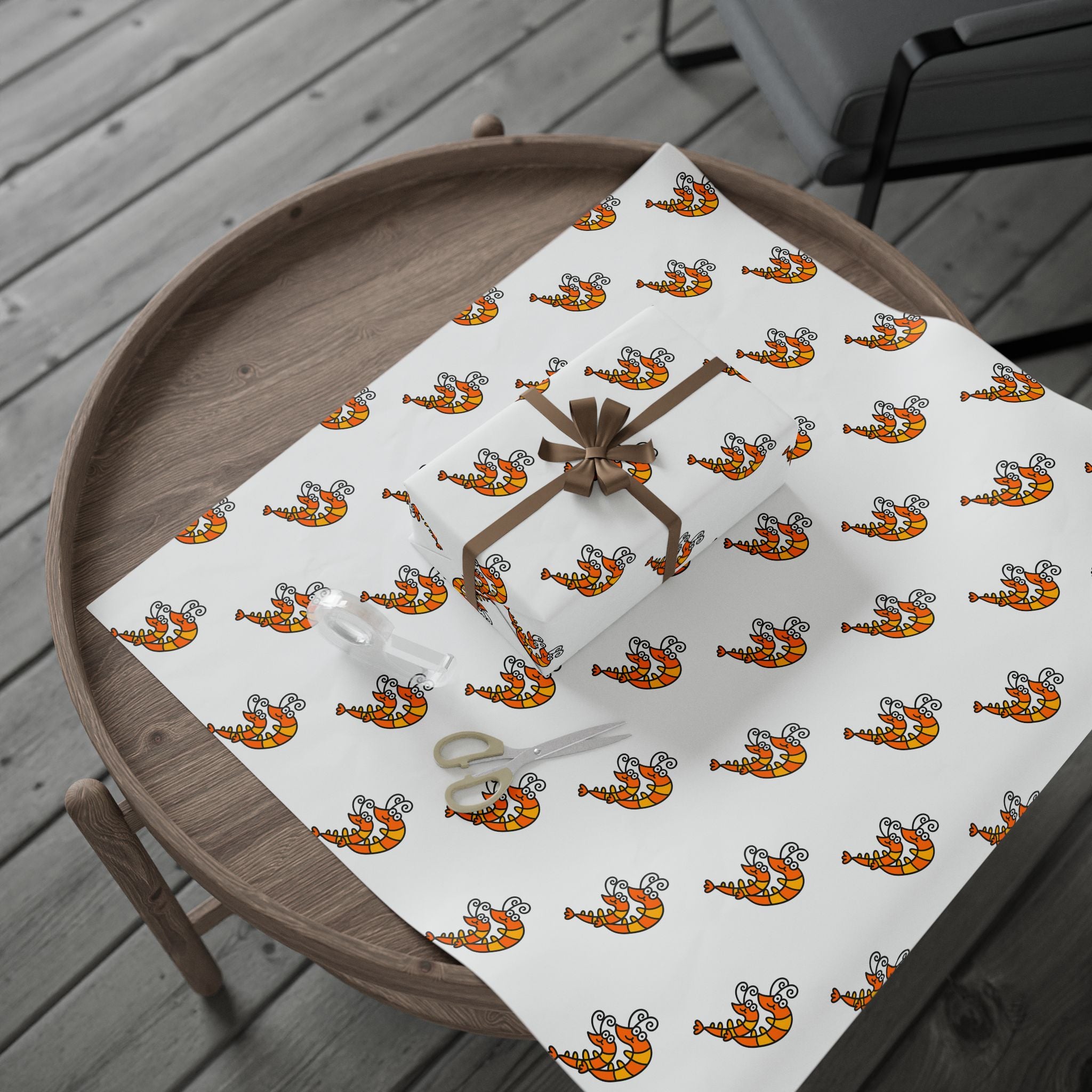 Hand-Drawn Orange Shrimp Ocean Pattern Wrapping Paper | Repeating Coastal Shrimp Illustration