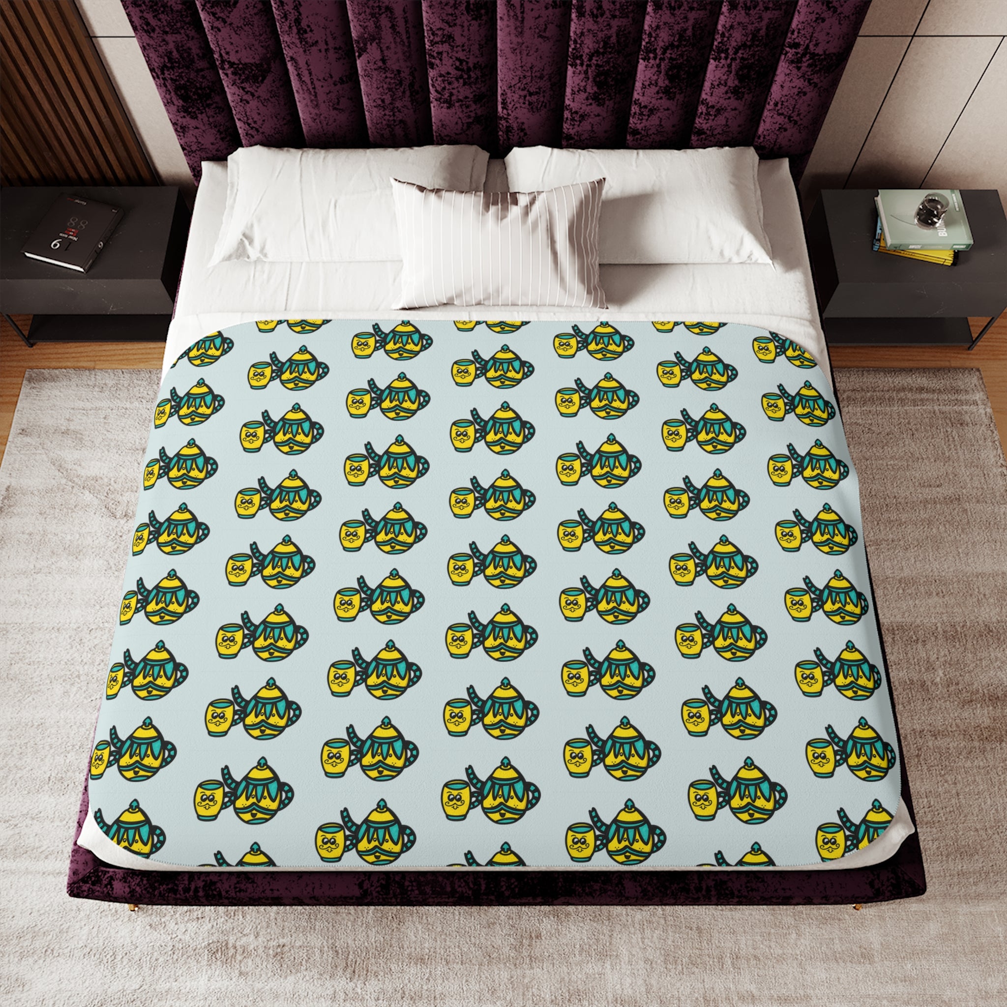 Hand-Drawn Teal and Yellow Teapot and Mug Pattern Sherpa Blanket | Repeating Cozy Tea party Print
