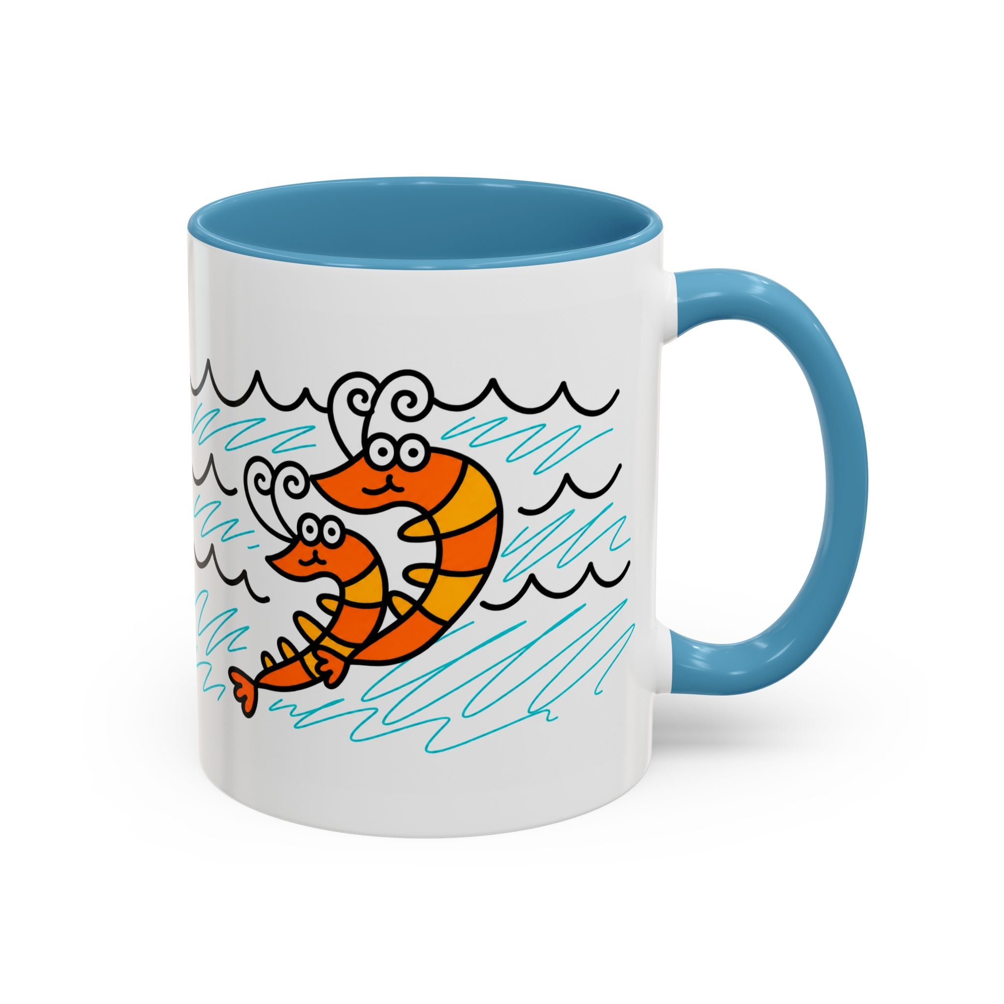 Hand-Drawn Two Shrimp Ocean Waves Mug | Coastal Seafood Ceramic Coffee Mug