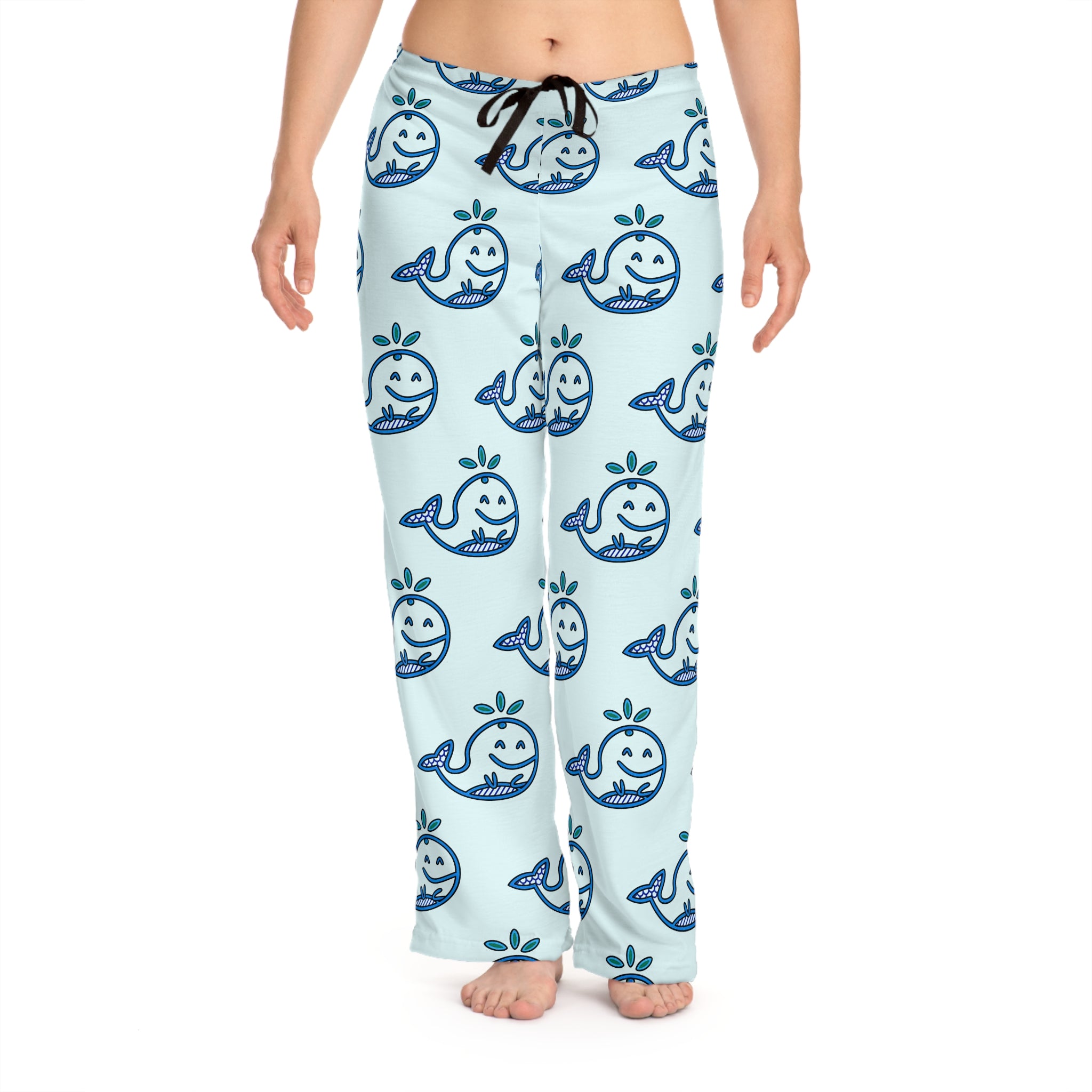 Hand-Drawn Smiling Blue Whale Pattern Pajama Pants | Cute Ocean Animal Loungewear