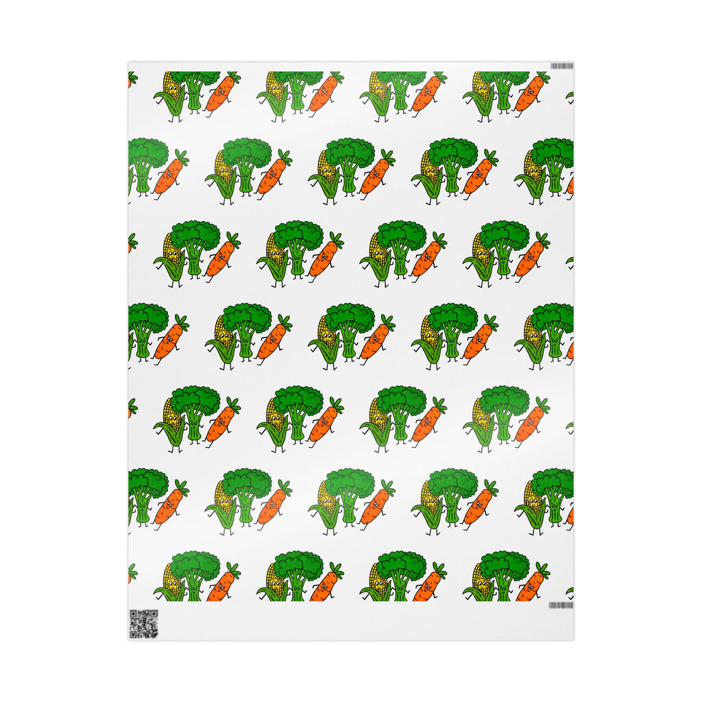 Hand-Drawn Happy Broccoli, Corn, and Carrot Pattern Wrapping Paper | Vegetable Gift Wrap