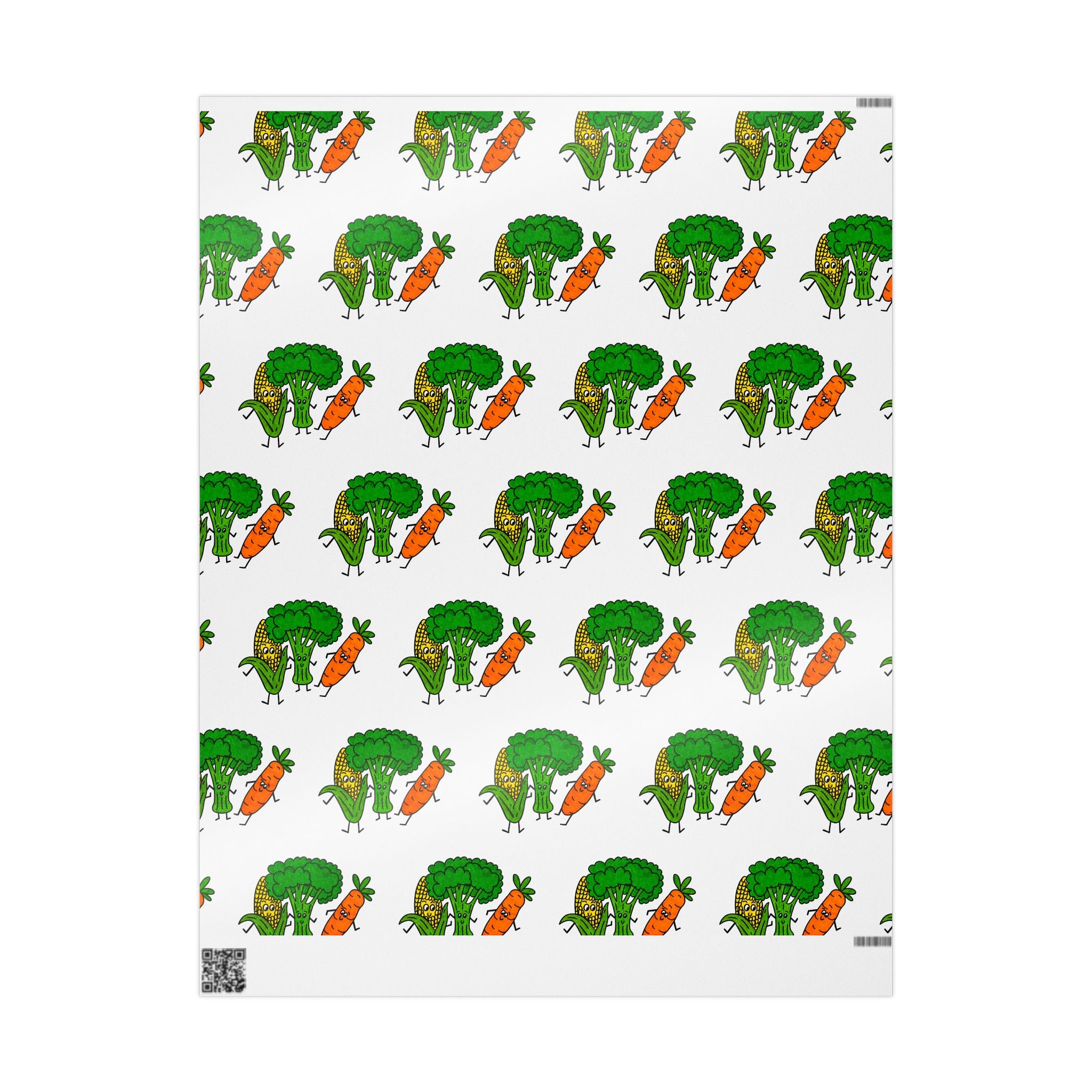 Hand-Drawn Happy Broccoli, Corn, and Carrot Pattern Wrapping Paper | Vegetable Gift Wrap