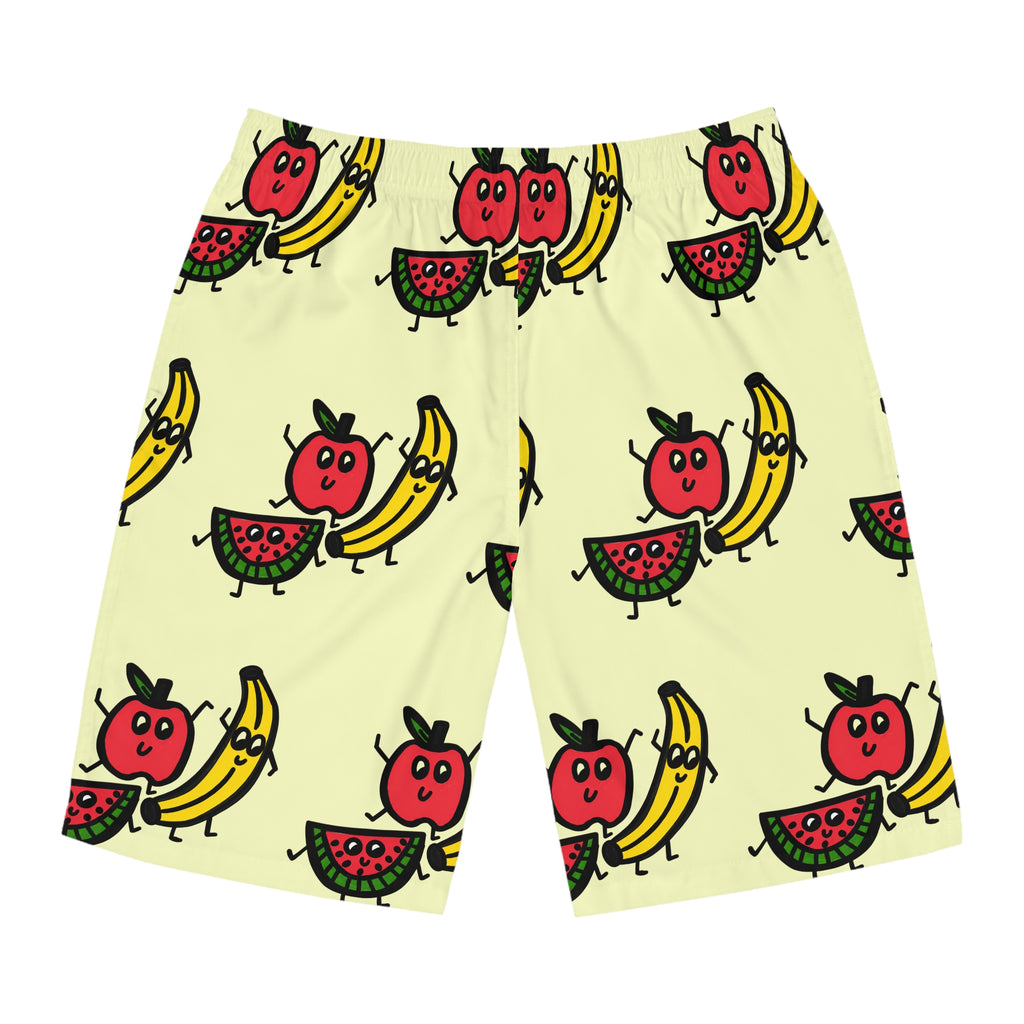 Hand-Drawn Cute Fruit Cartoon | Apple, Watermelon, and Bananas Board Shorts | All-Over Print