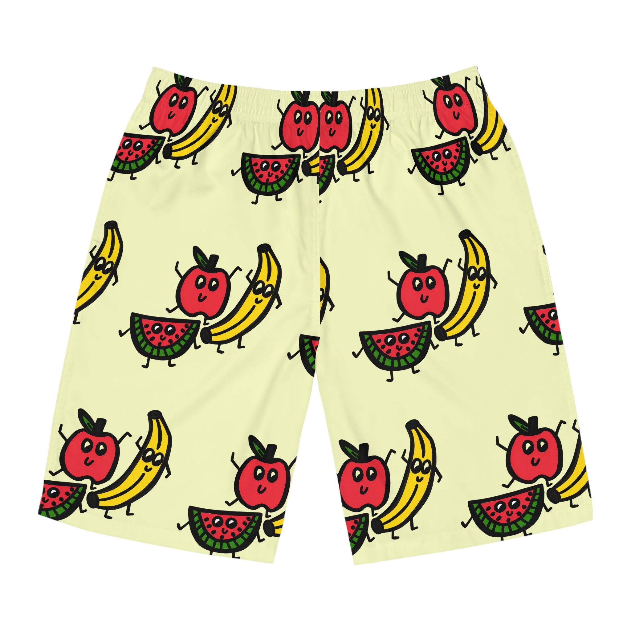 Hand-Drawn Cute Fruit Cartoon | Apple, Watermelon, and Bananas Board Shorts | All-Over Print