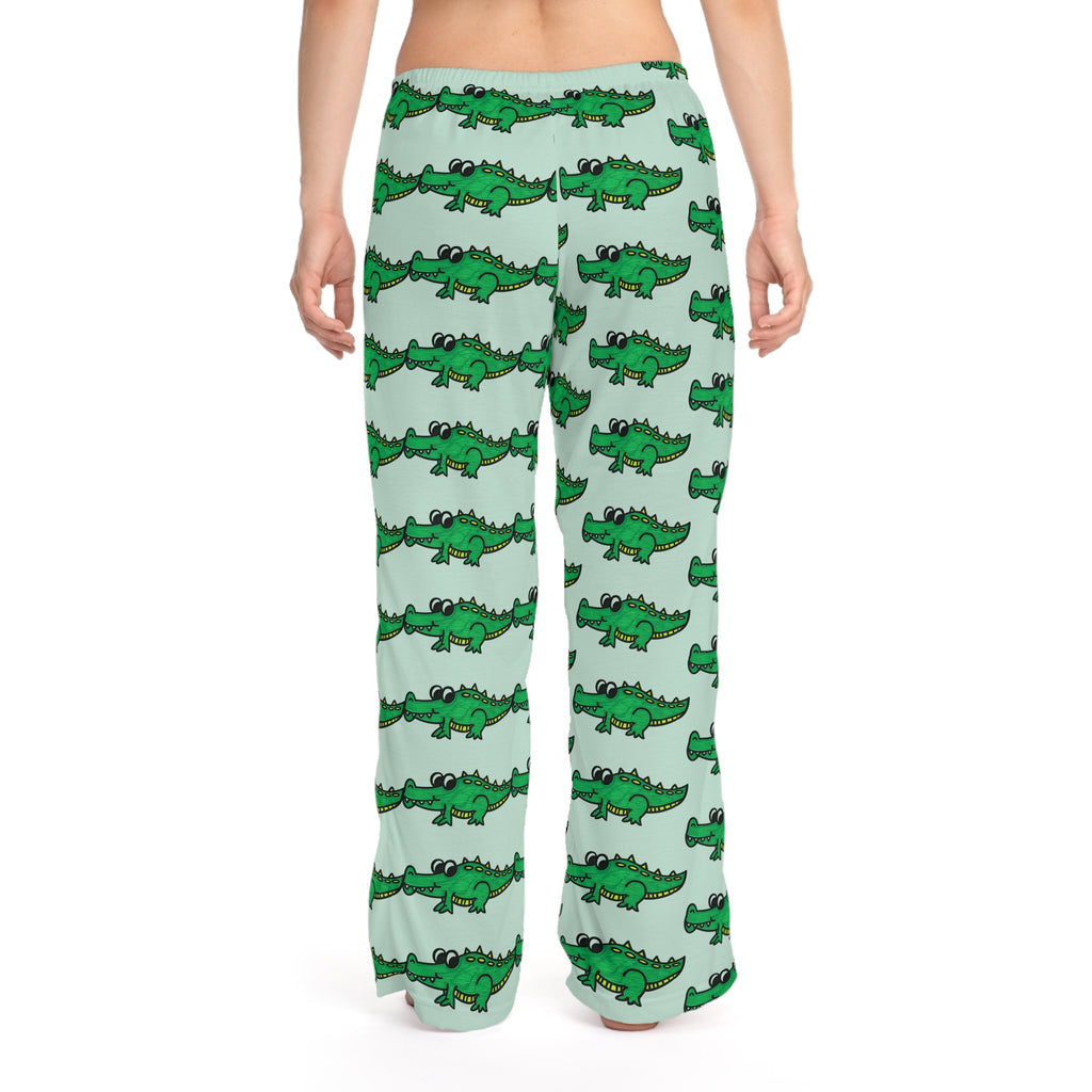 Hand-Drawn Green Cartoon Alligator Pajama Pants | Cute Repeating Gator Pattern