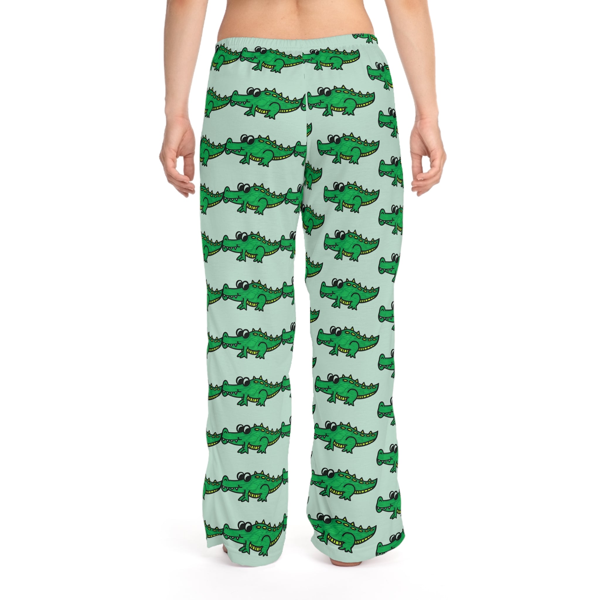 Hand-Drawn Green Cartoon Alligator Pajama Pants | Cute Repeating Gator Pattern
