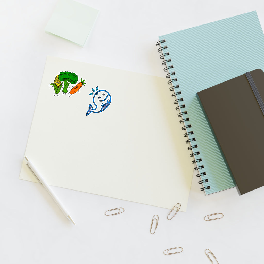 Hand-Drawn Cute Veggie and Whale Characters Sticker Sheet | Broccoli Carrot Corn & Splash Whale Sticker