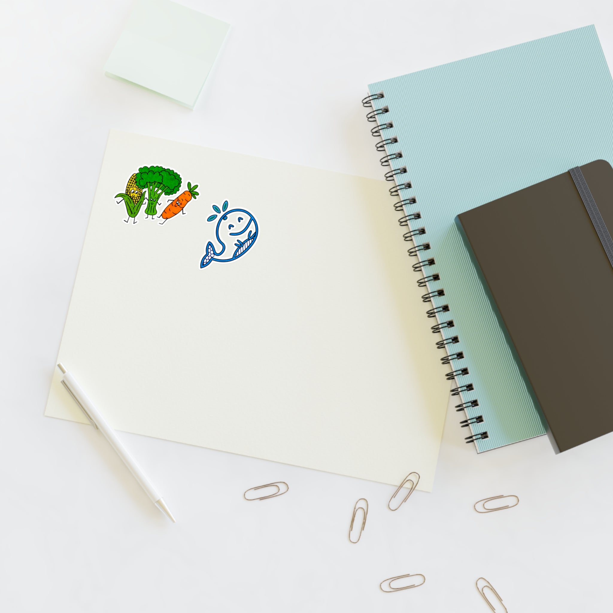 Hand-Drawn Cute Veggie and Whale Characters Sticker Sheet | Broccoli Carrot Corn & Splash Whale Sticker