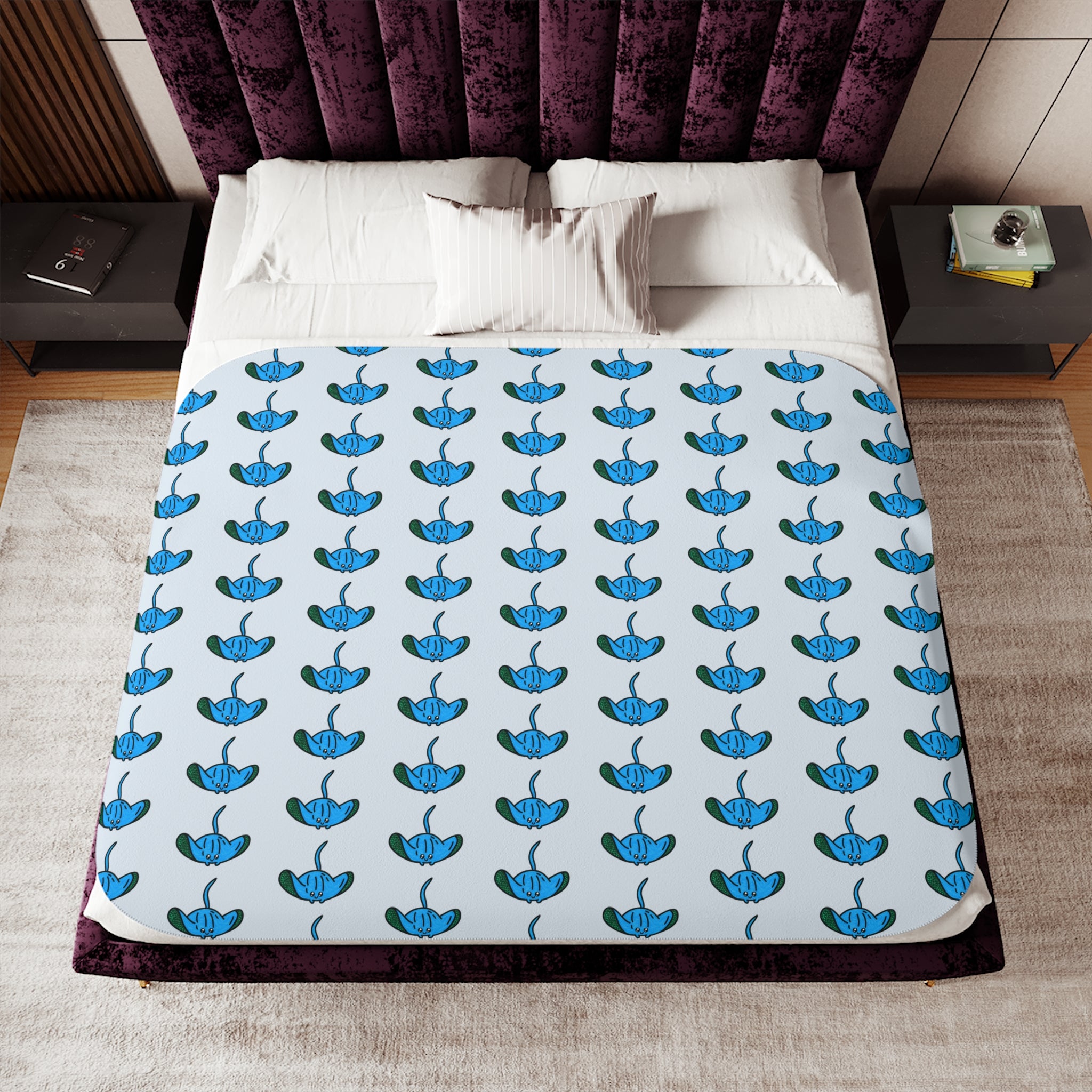 Hand-Drawn Blue Manta Ray Pattern Sherpa Blanket | Ocean Animal Print, Cozy Stingray Throw
