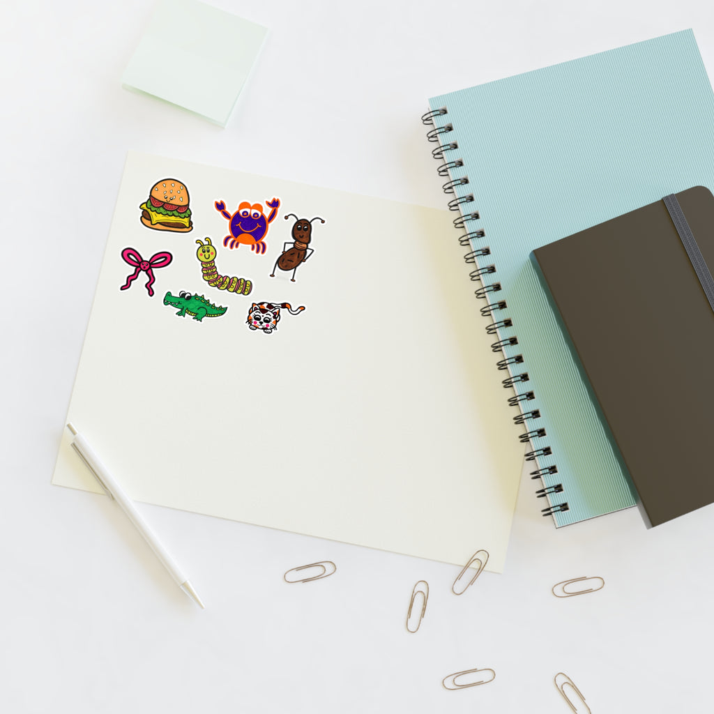 Cute Cartoon Food & Animal Sticker Sheet | Burger Crab Ant Bow Alligator Caterpillar Cat